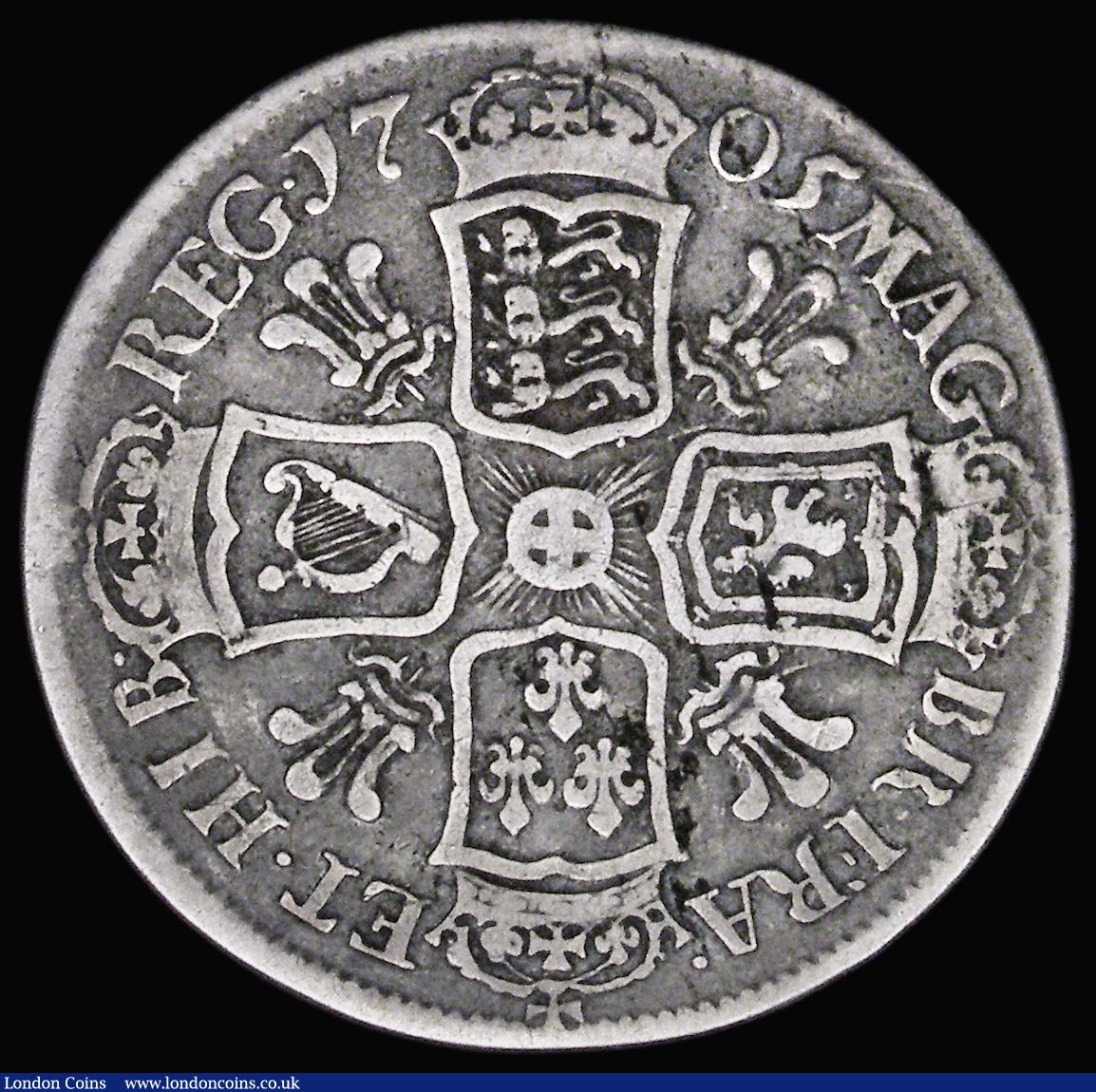 London Coins : A187 : Lot 2055 : Halfcrown 1705 Plumes ESC 571, Bull 1360 VG/Near Fine, rated R by Bull, our archive database shows t...