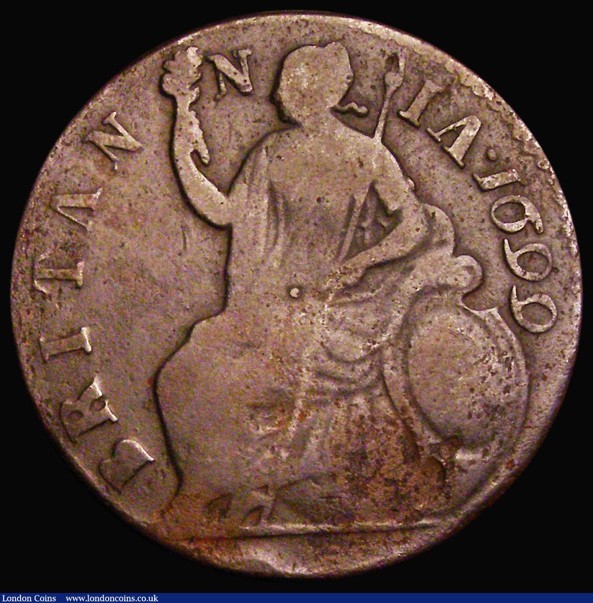 London Coins : A187 : Lot 2137 : Halfpenny 1699 Date in Legend Unbarred First A in BRITANNIA as Peck 676, (as Nicholson Lot 109) Bold...