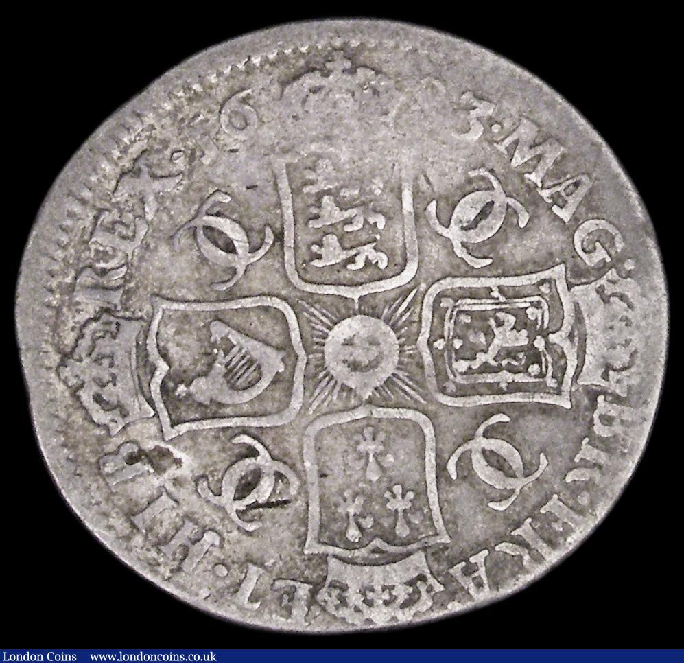 London Coins : A187 : Lot 2255 : Shilling 1683 ESC 1065, Bull 558 VG with a flan flaw on the obverse, Very rare, rated R2 by Bull, th...