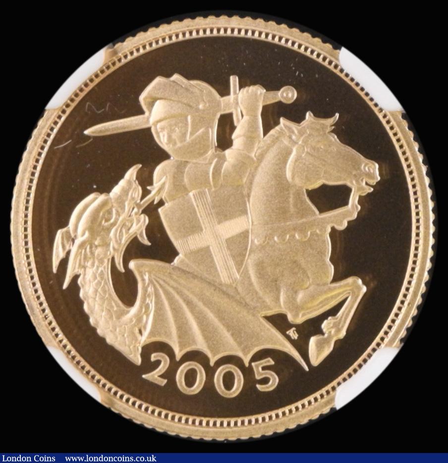 London Coins : A187 : Lot 2520 : Sovereign 2005 Modern St.Goerge in an NGC holder and graded PF70 Ultra Cameo desirable thus
