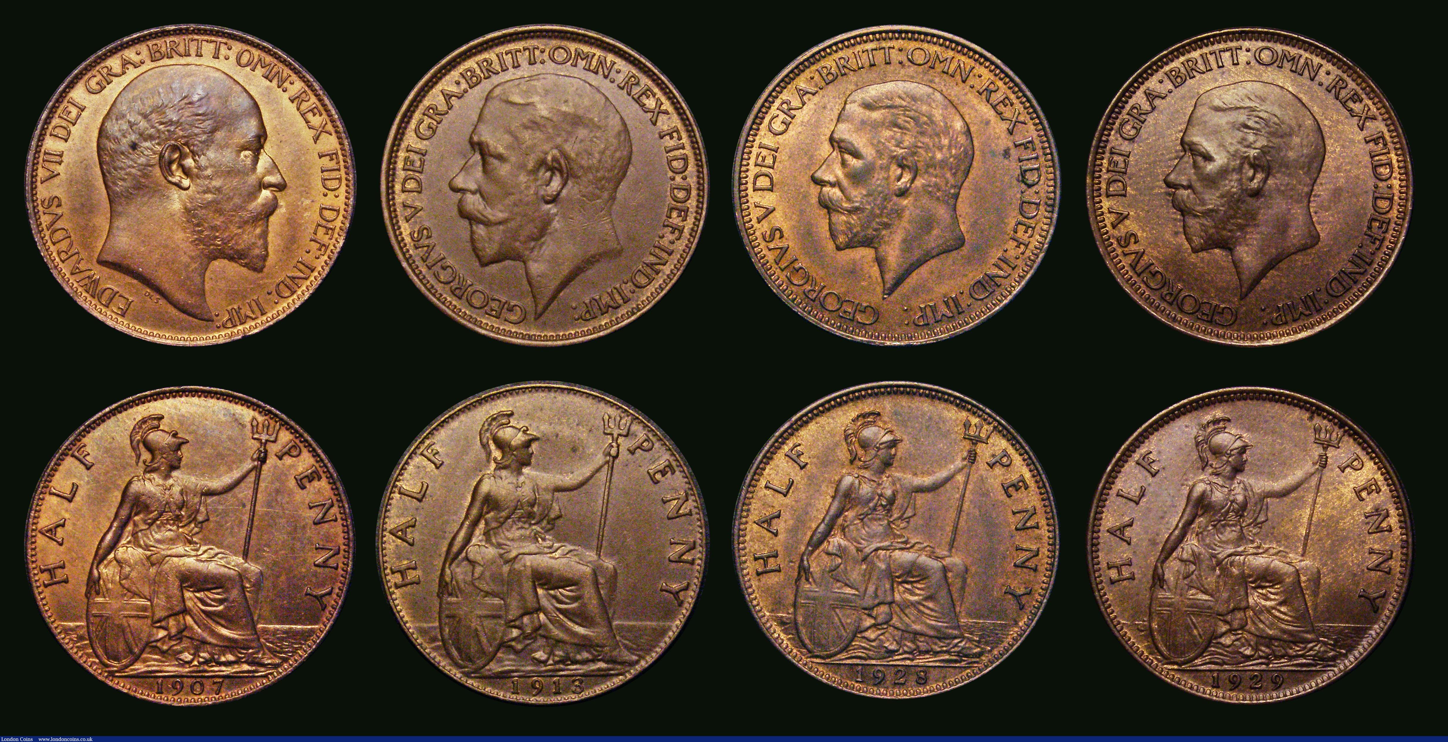 London Coins : A187 : Lot 2791 : Halfpennies (8) 1862 Freeman 282 dies 7+G, EF cleaned and almost fully retoned, 1865 Freeman 296 die...