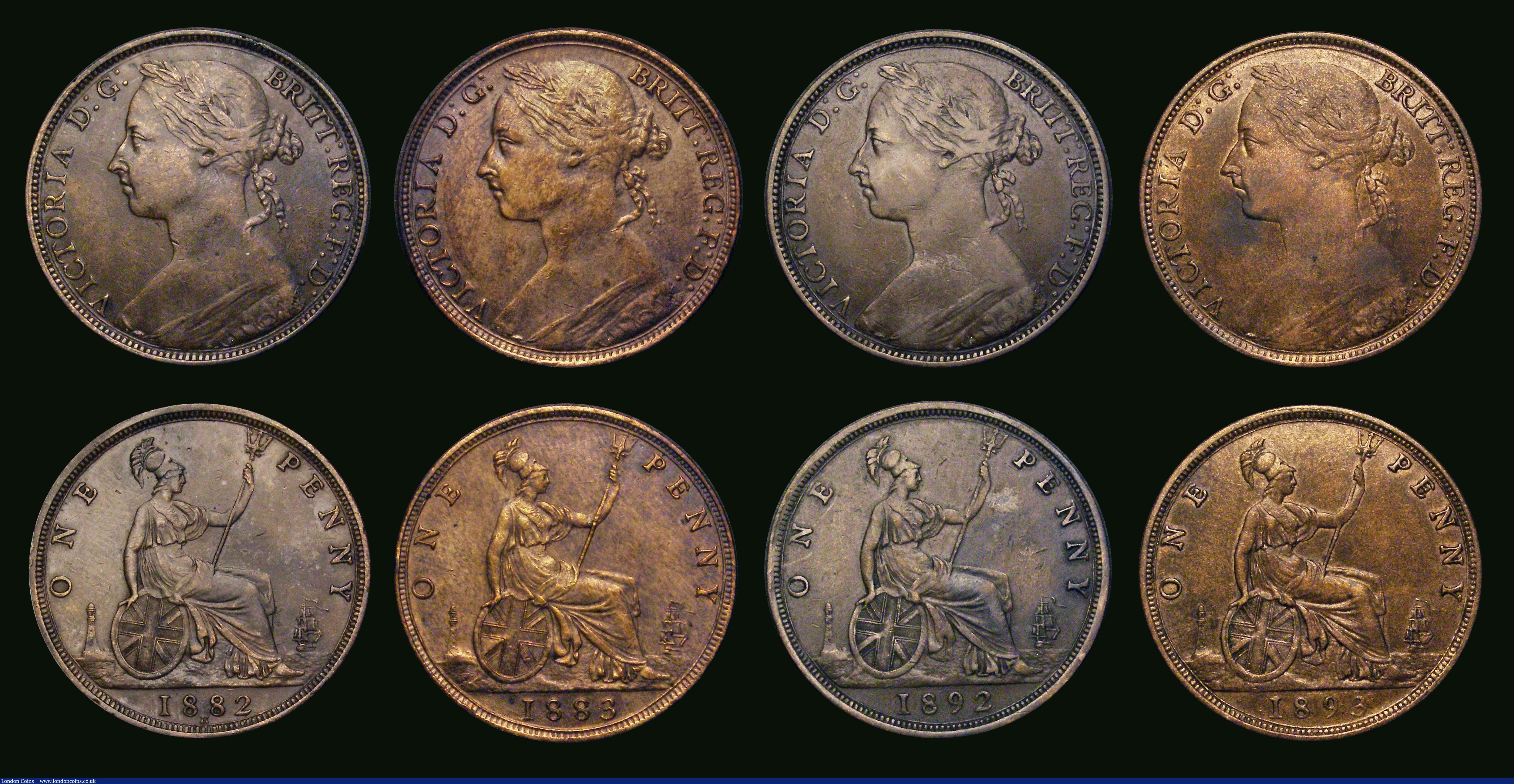 London Coins : A187 : Lot 2835 : Pennies (8) 1865 Freeman 50 dies 6+G, Good Fine, 1867 Freeman 53 dies 6+G Good Fine for wear, with s...