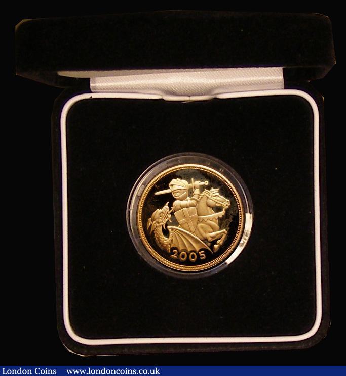 London Coins : A187 : Lot 753 : Sovereign 2005 Modern St. George Proof S.SC6, Marsh 551, nFDC (some toning) in the Royal Mint box of...