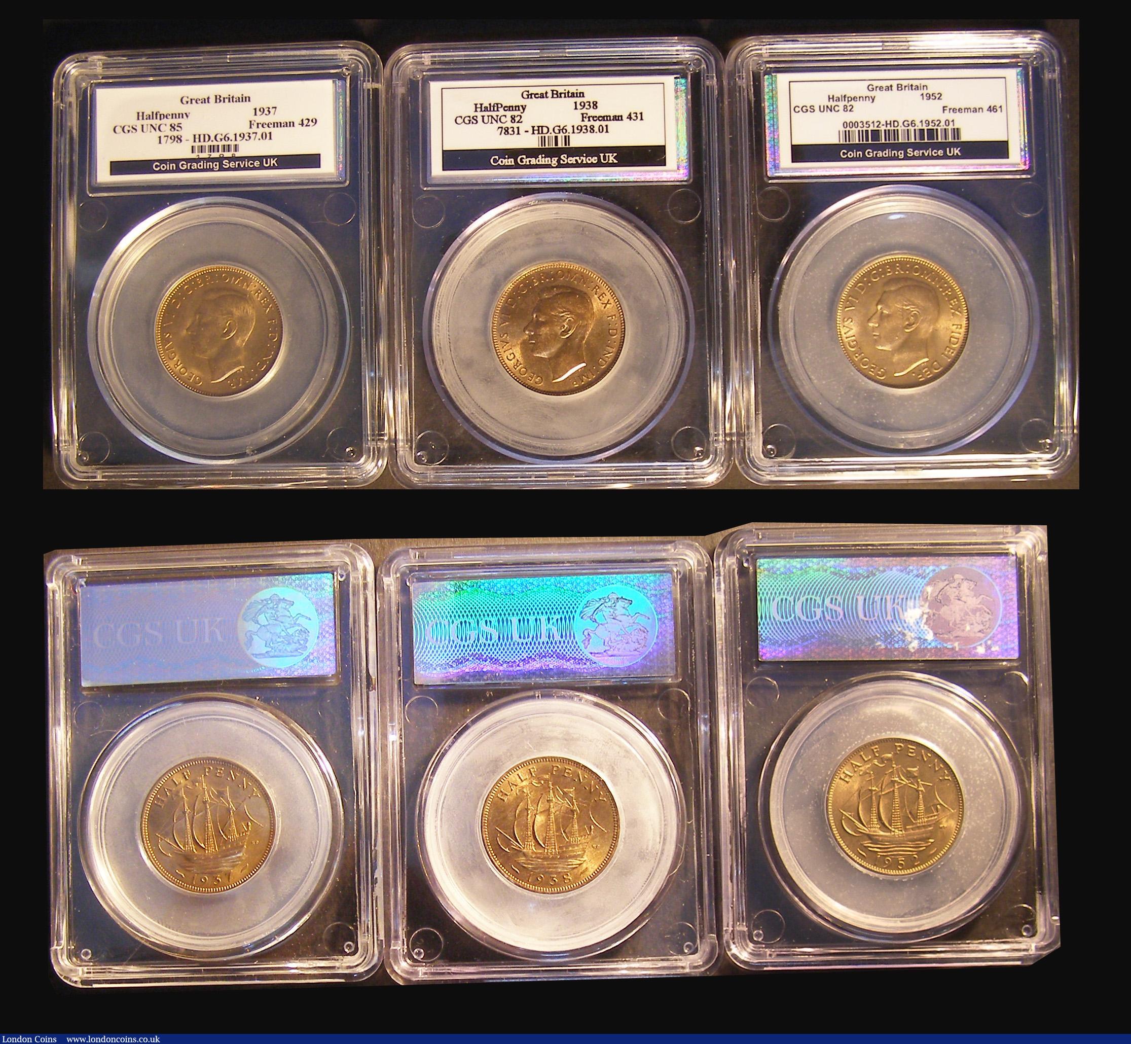 London Coins : A188 : Lot 1797 : Halfpennies in LCGS holders (9) 1937 Freeman 429 dies 1+A, UNC with practically full lustre, slabbed...