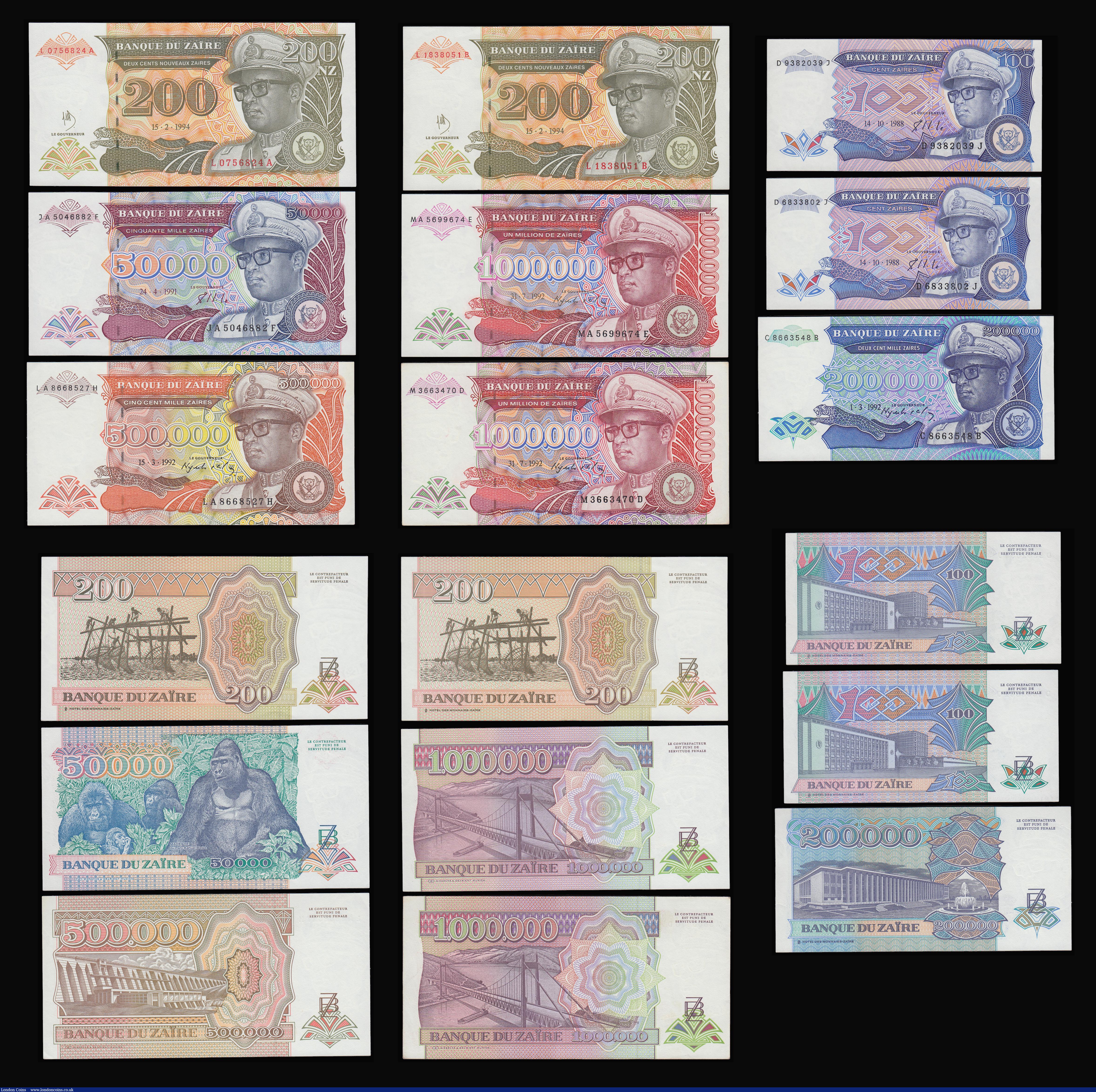 London Coins : A188 : Lot 261 : Zaire (18 ) 5 Zaires 24.11.1977, 100 Zaires 14.10.1988 (2), 200 Zaires 15.2.1994 Pick 61 (2), 500 Za...
