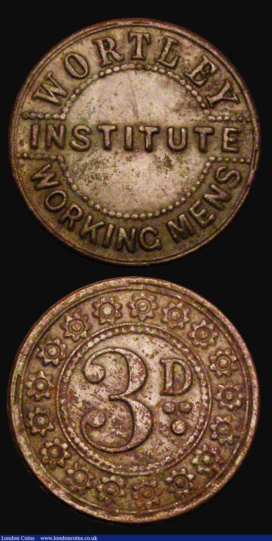 London Coins : A188 : Lot 525 : Threepence Tokens (2) Wortley Working Mens Institute 24mm diameter in bronze Good Fine with some lig...