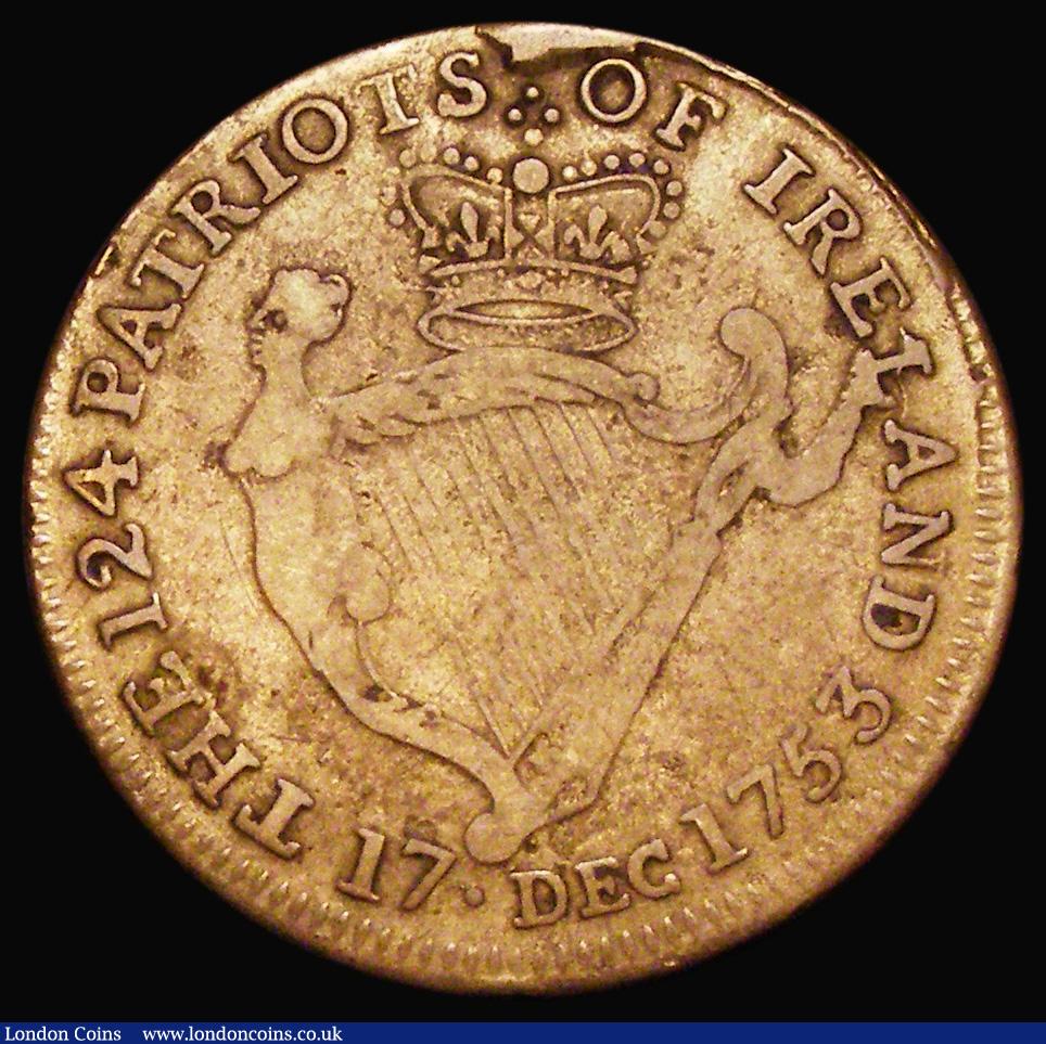 London Coins : A188 : Lot 558 : Irish Surplus Revenue Dispute 1753, 26mm diameter in brass, by J. Roche ? Obverse: Bust of the Speak...