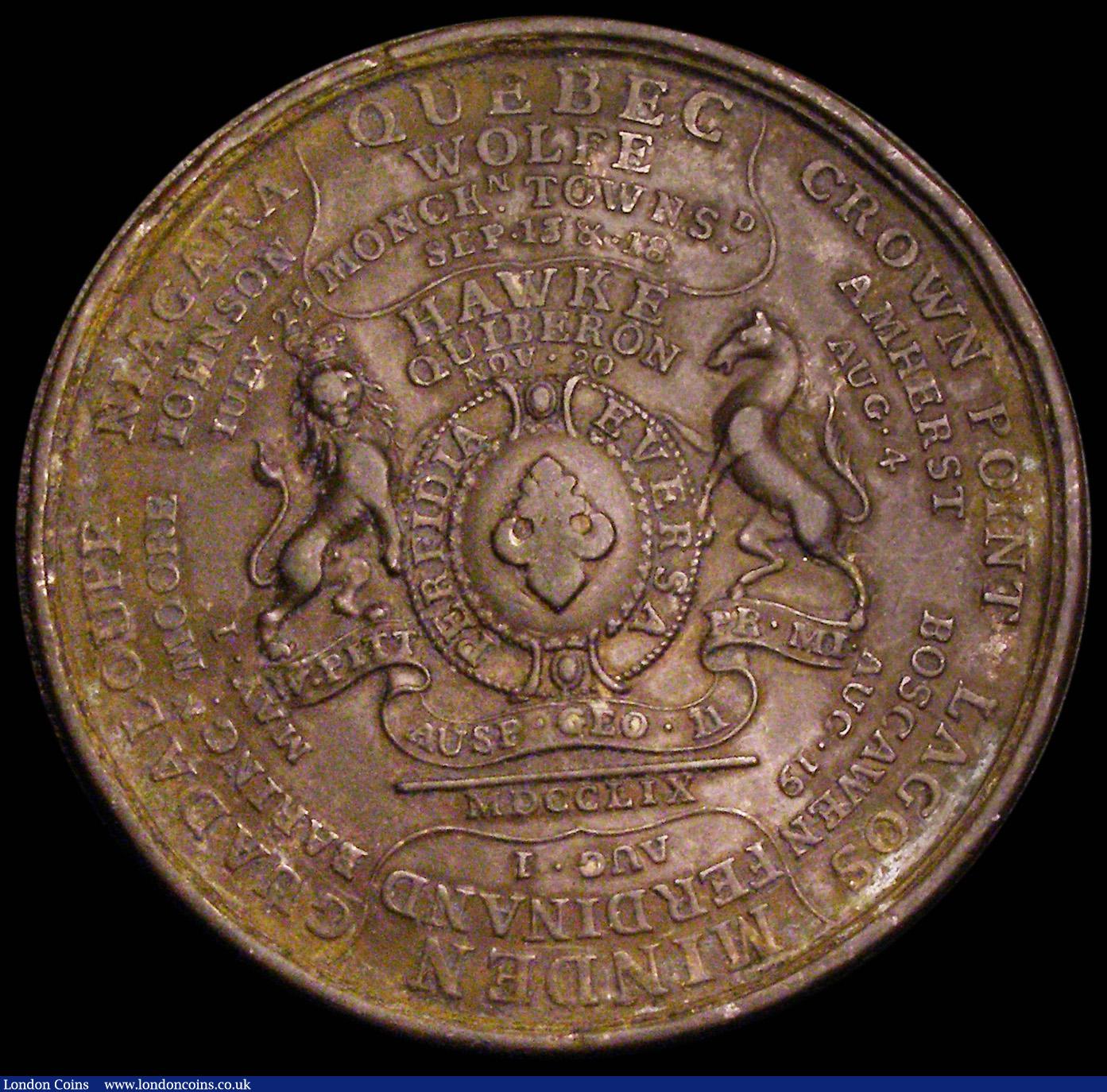 London Coins : A188 : Lot 559 : British Victories 1758/1759 44mm diameter in brass, by J. Kirk (?) Obverse: Britannia, in a chariot ...