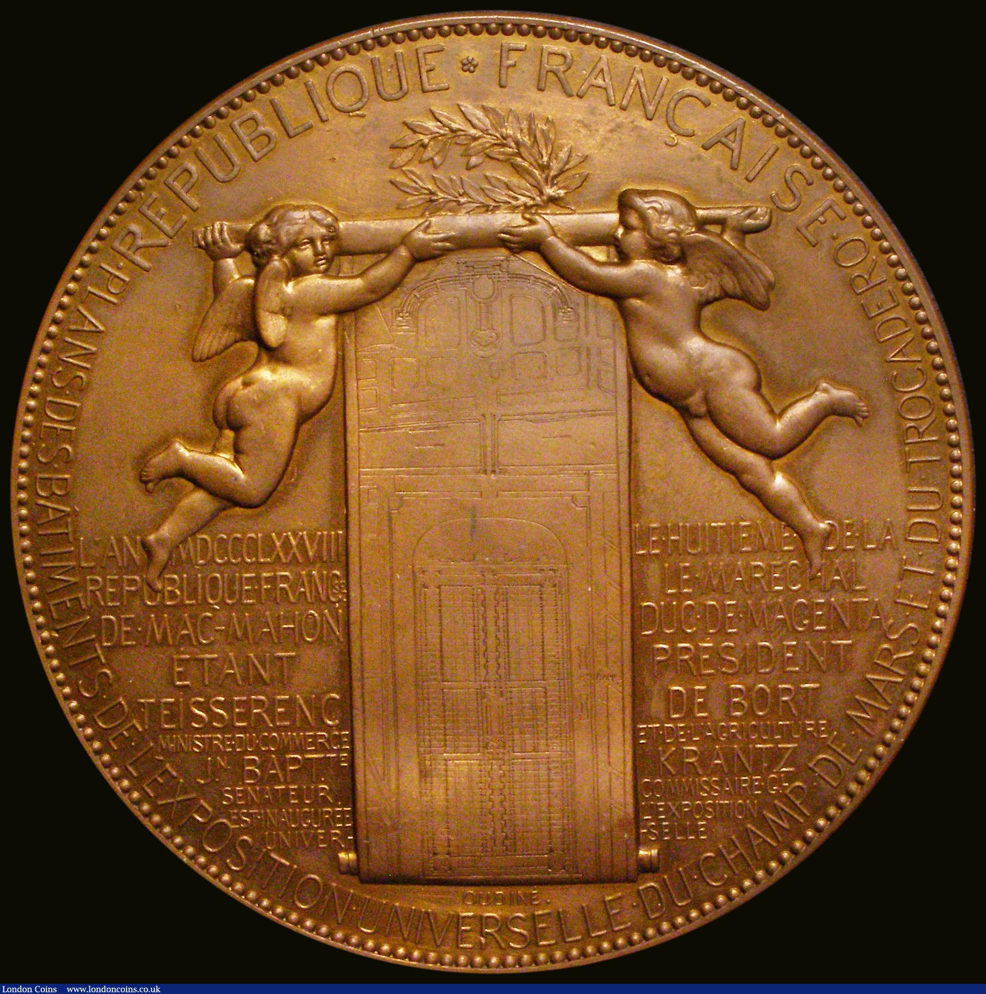London Coins : A188 : Lot 621 : France - Universal Exposition 1878 86mm diameter in bronze by E.Oudine, Obverse: Allegory of the Exp...