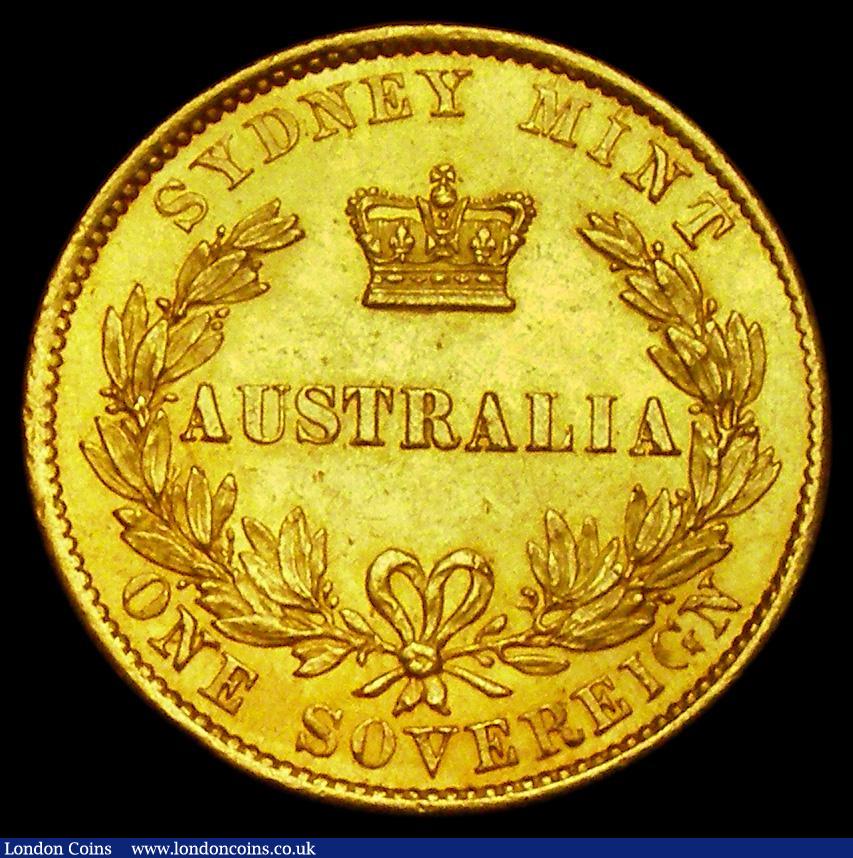 London Coins : A188 : Lot 725 : Australia Sovereign 1863 Sydney Branch Mint, Marsh A368, About EF with a gentle edge bruise, all Syd...