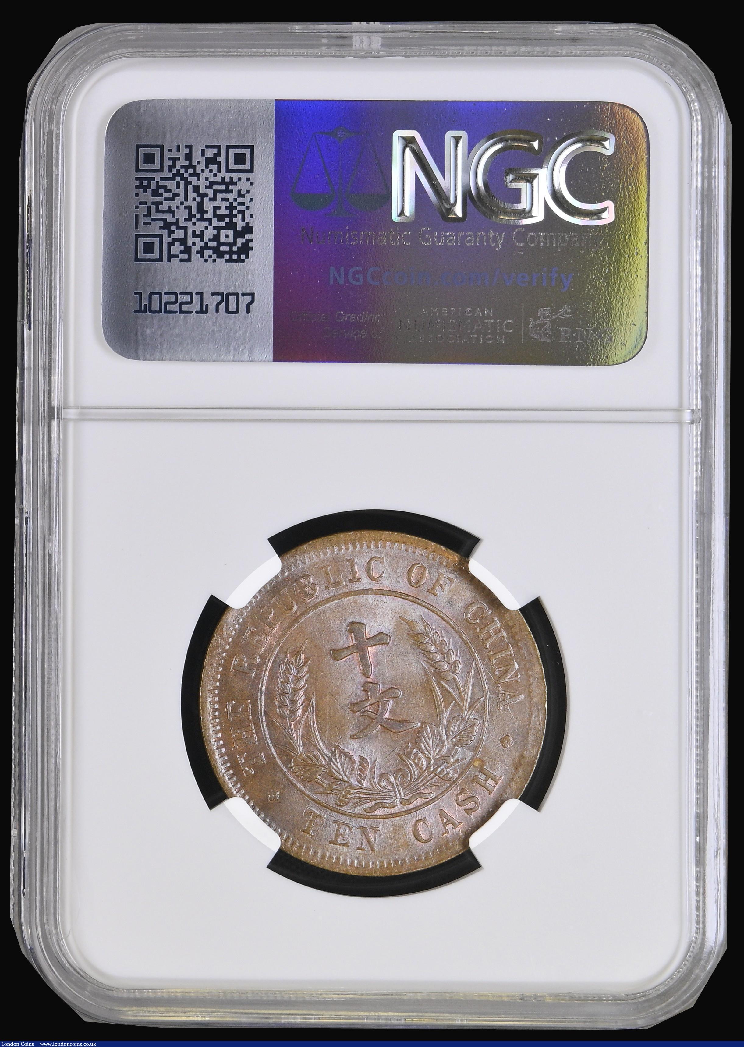 London Coins : A188 : Lot 774 : China - Republic Ten Cash  1920 Incuse Star, Large Characters, Large Rosettes Y#303, in an NGC holde...