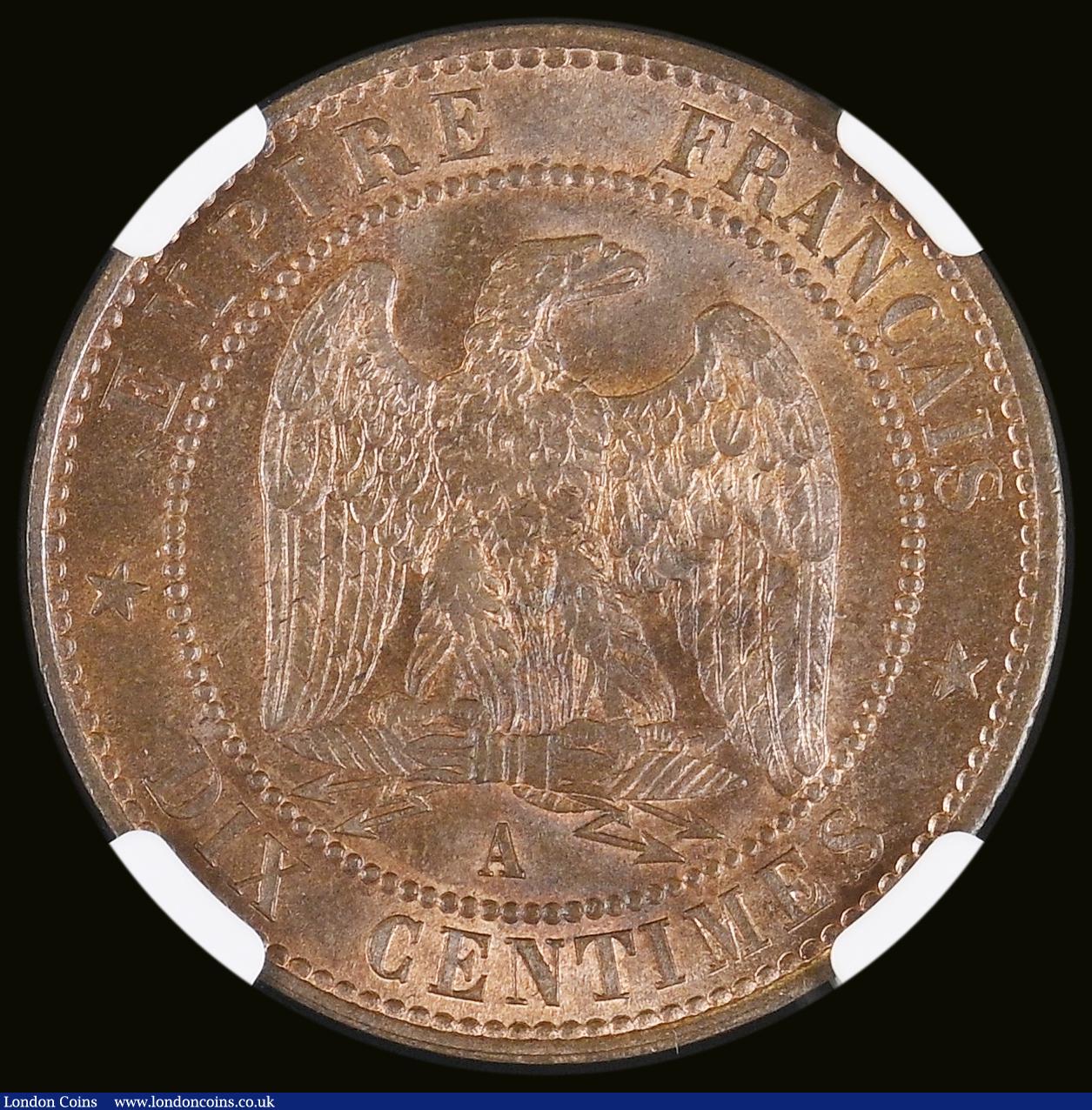 London Coins : A188 : Lot 796 : France Ten Cents 1853A in an NGC holder and graded MS64 BN a most attractive example
