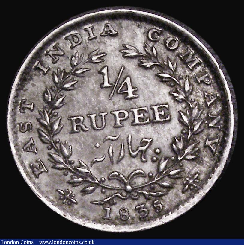 London Coins : A188 : Lot 857 : India Quarter Rupee 1835 20 Berries in wreath, plain truncation, indentation on bow, KM#448.3 NEF/GV...