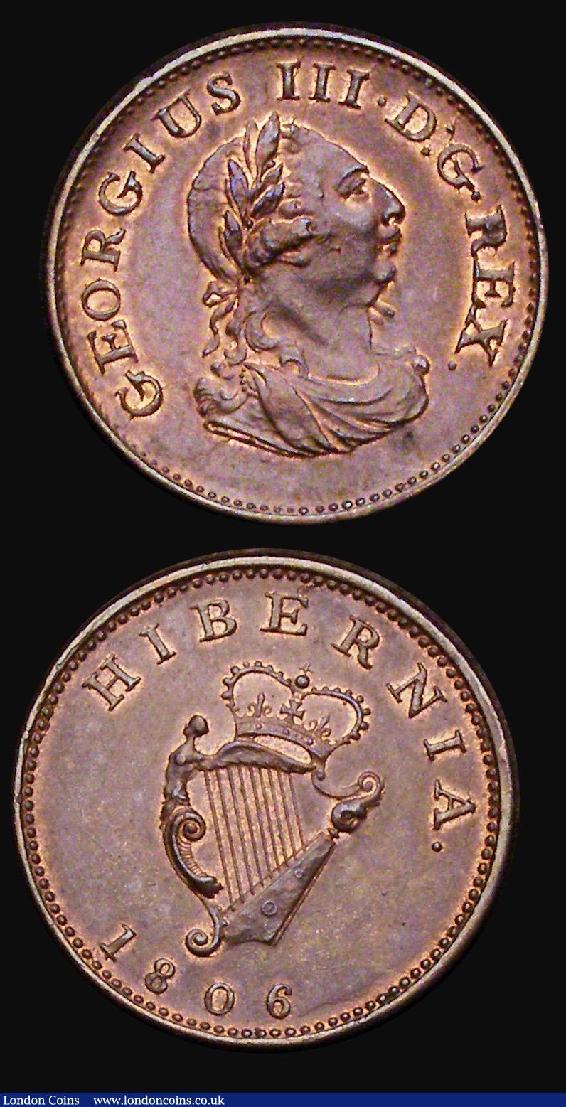 London Coins : A188 : Lot 871 : Ireland (2) Halfpenny 1805 S.6621 VF, Farthing 1806 S.6622 NEF with traces of lustre