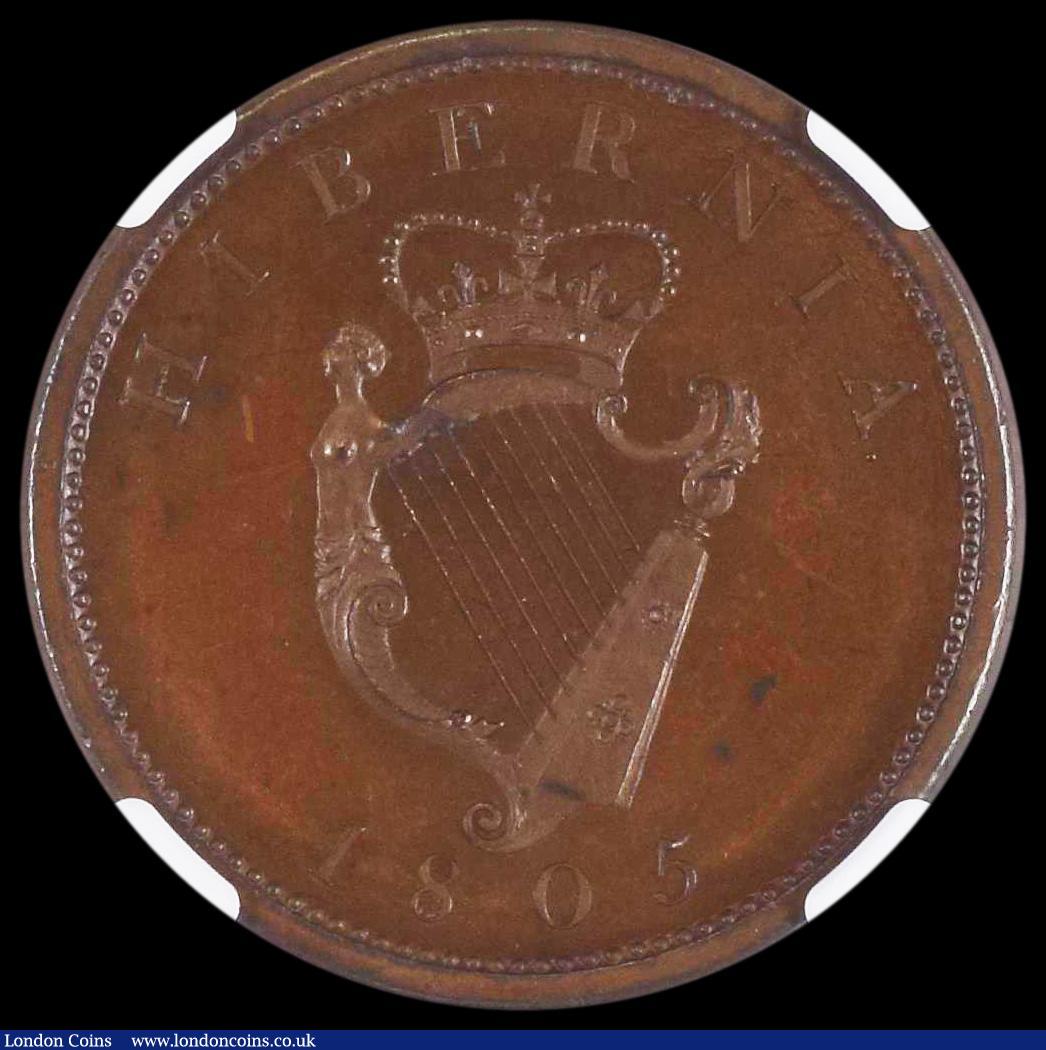 London Coins : A188 : Lot 880 : Ireland Penny 1805 Proof in bronzed Copper, S.6620, in an NGC holder and graded PF64 BN