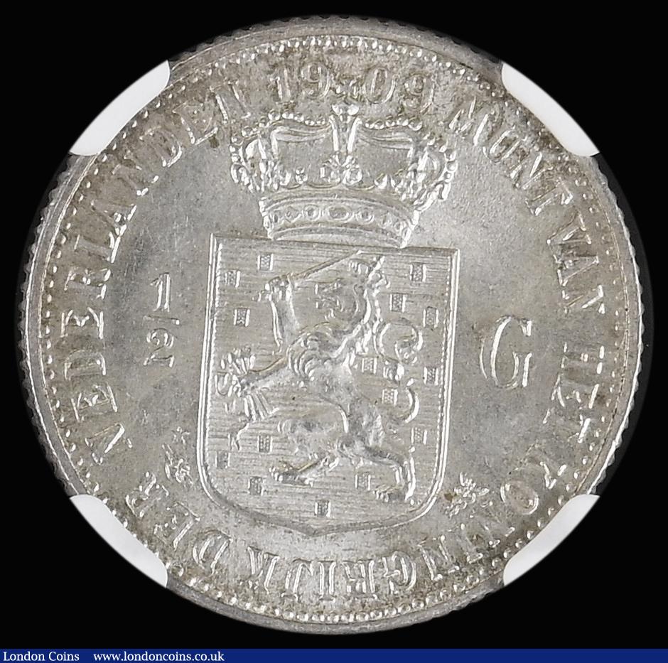 London Coins : A188 : Lot 911 : Netherlands Half Gulden 1909 KM#121.2 sharp and lustrous UNC and graded MS61 by NGC