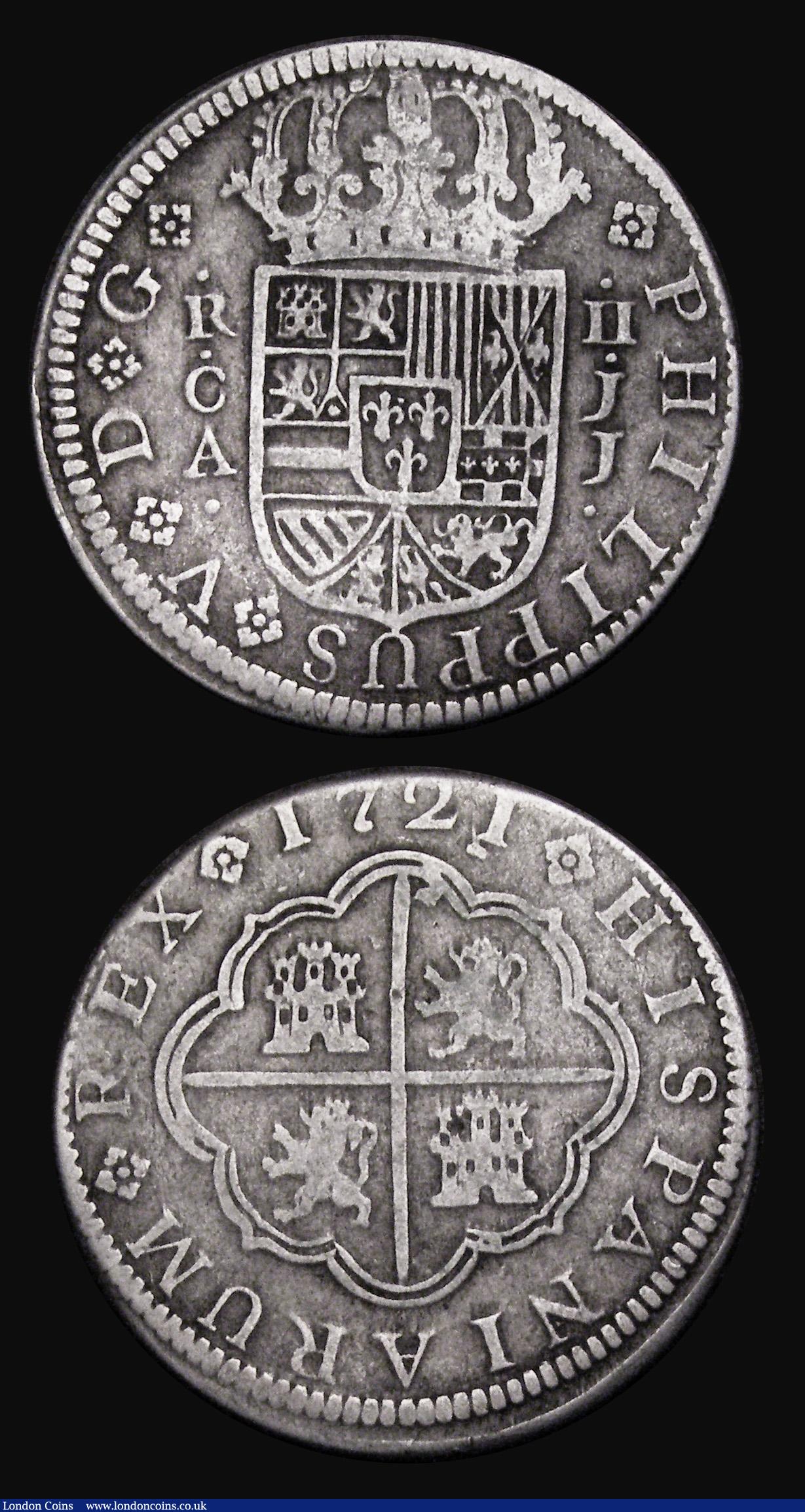 London Coins : A188 : Lot 942 : Spain Two Reales (2) 1721 JJ KM#308 About Fine, 1734 PA KM#355 Fine