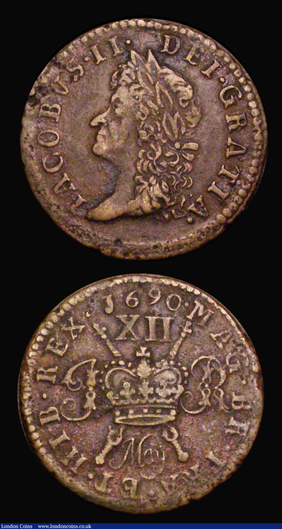 London Coins : A189 : Lot 1038 : Ireland Gunmoney (2) Shilling 1689 Augt: Large size Timmins TB12C-1G, S.6581C, VF with some verdigri...