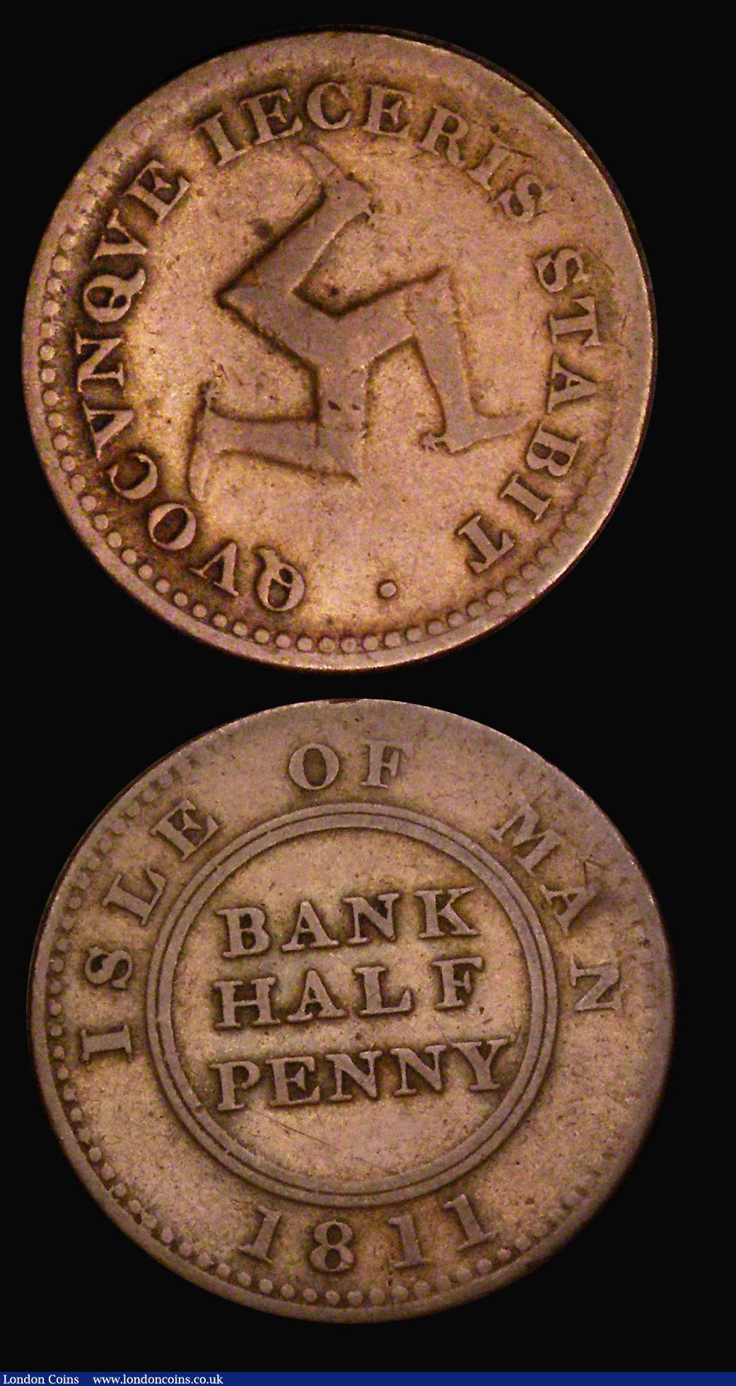 London Coins : A189 : Lot 1052 : Isle of Man Tokens (2) Isle of Man Banking Co. Penny 1811 Castletown, Obverse: ISLE OF MAN 1811 arou...