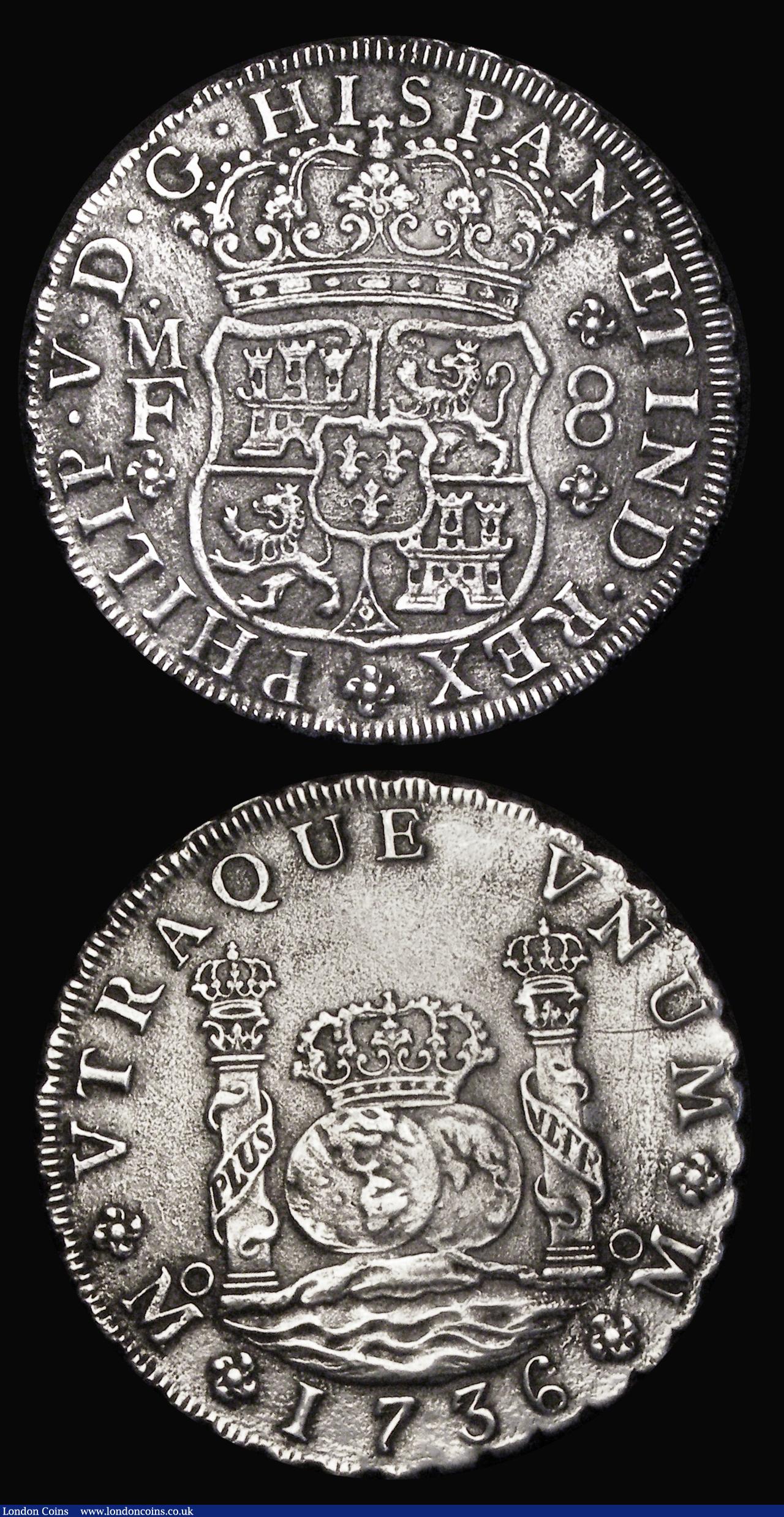 London Coins : A189 : Lot 1078 : Mexico Eight Reales (2) 1736 MF KM#103 Good Fine with a waterworn appearance, 1788 Good Fine, the ob...