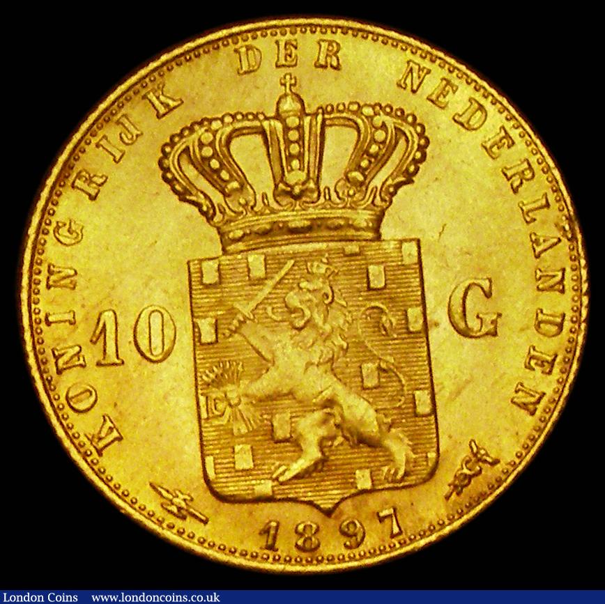 London Coins : A189 : Lot 1094 : Netherlands Ten Gulden Gold 1897 KM#118 GEF with a metal flaw at 3 o'clock on the reverse rim