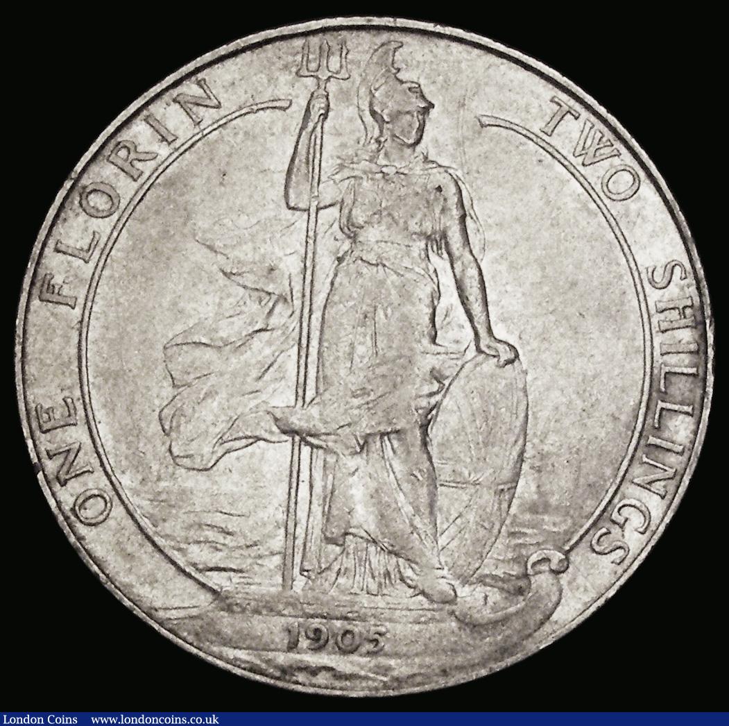 London Coins : A189 : Lot 1550 : Florin 1905 ESC 923, Bull 3581, VF with some minor contact marks and a thin scratch on the reverse, ...