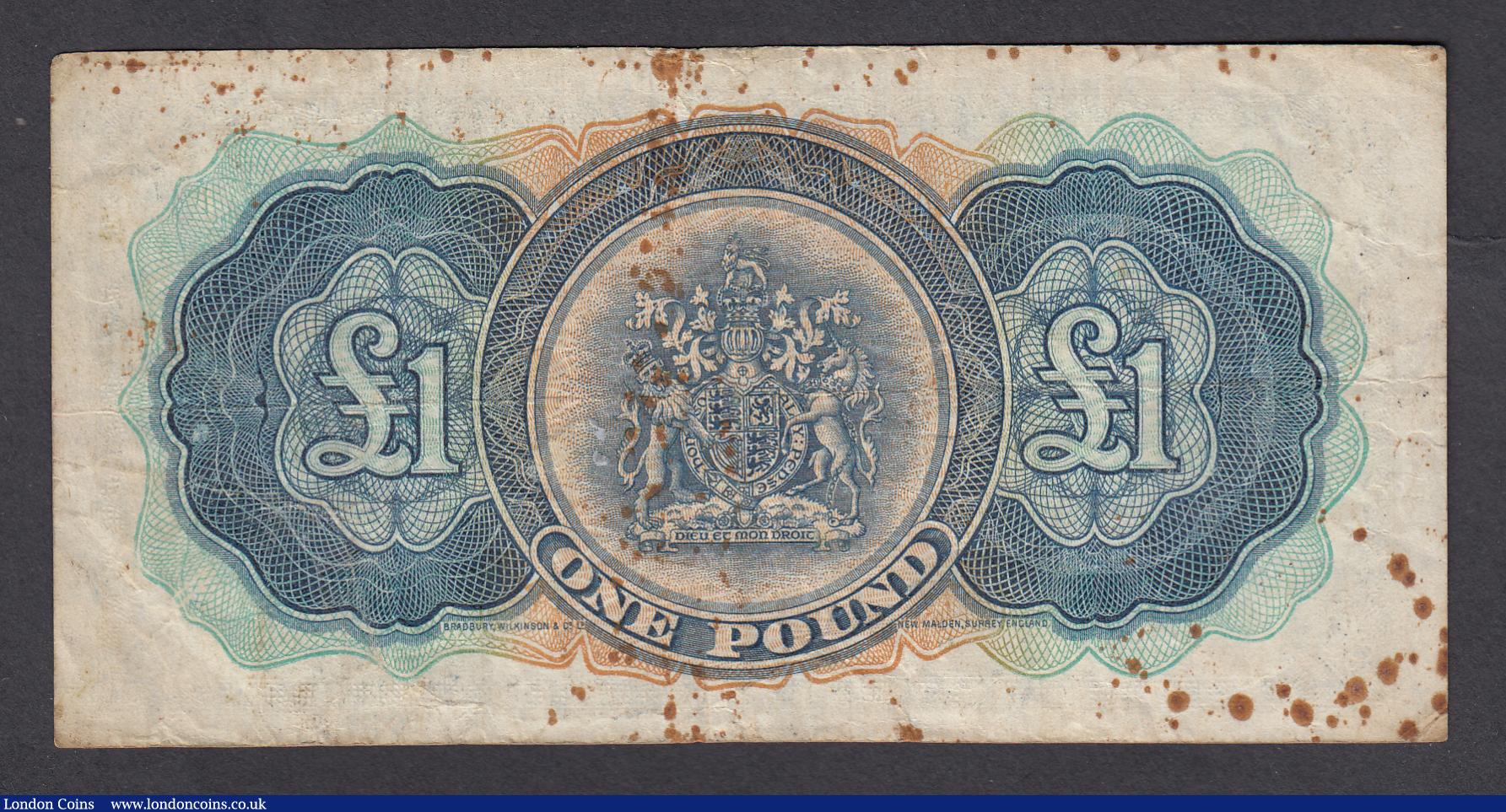 London Coins : A189 : Lot 198 : Bermuda 1 Pound 20.10.1952 Pick 20a a firm note VF for wear but with multiple rust marks, prefix C/1
