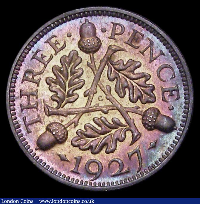 London Coins : A189 : Lot 2202 : Threepence 1927 Proof ESC 2141, Bull 3946, GEF/UNC with a deep blue/green, gold and magenta tone, th...