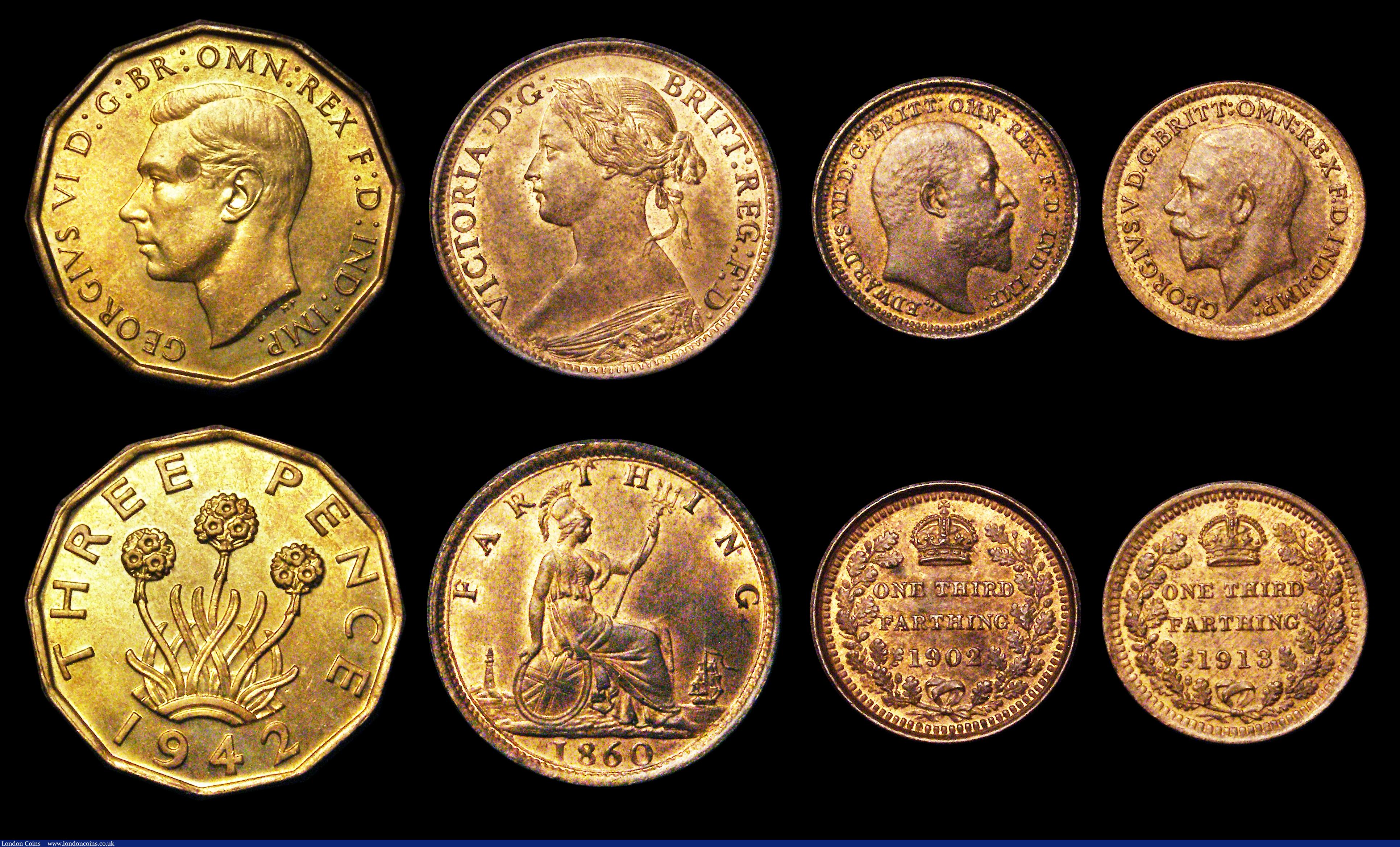 London Coins : A189 : Lot 2233 : Brass Threepence to Third Farthings (8) comprising Brass Threepence 1942 AU/UNC and lustrous with a ...