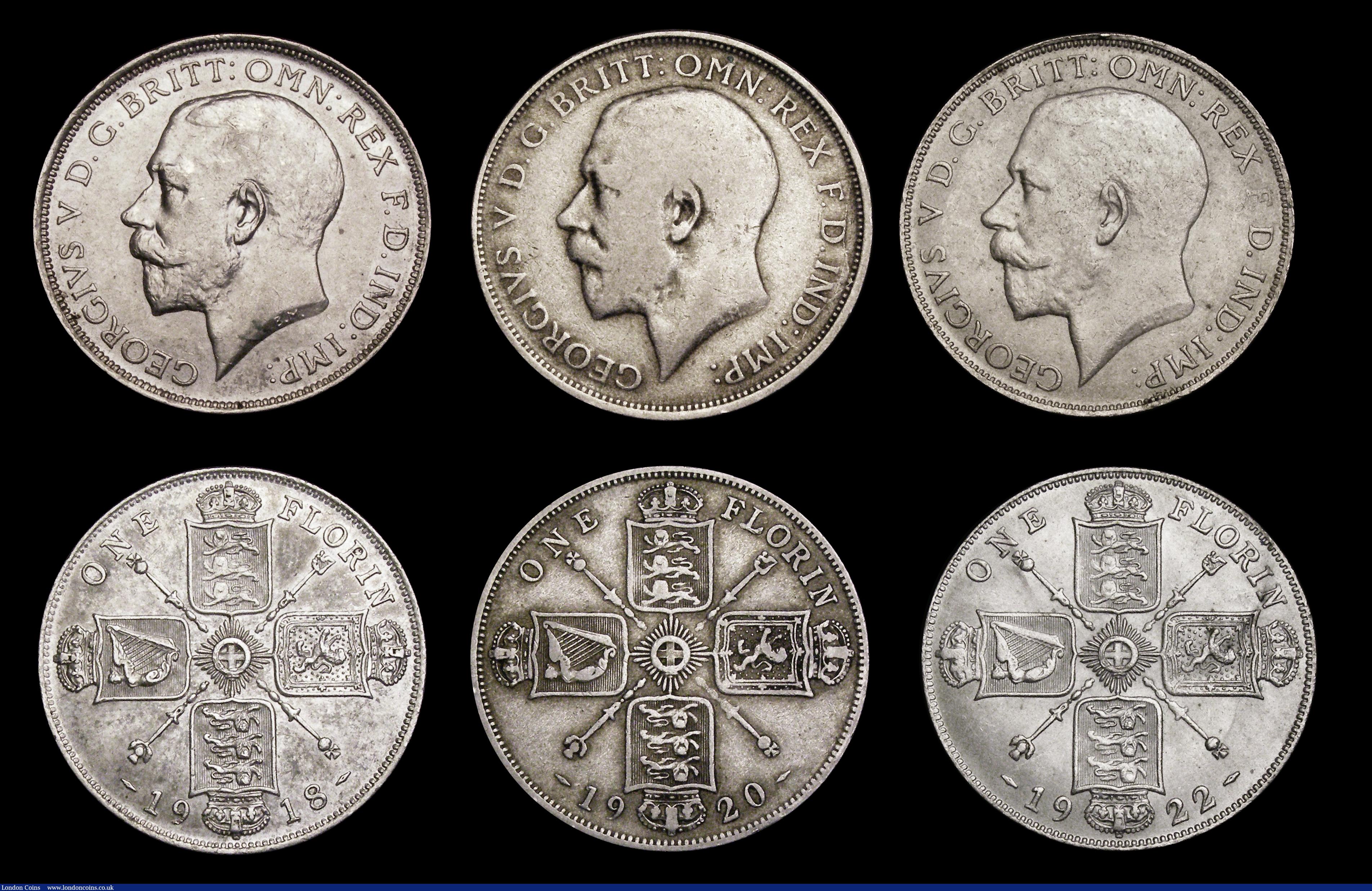 London Coins : A189 : Lot 2306 : Florins (6) 1911 Shallow Neck, Davies 1730 dies 1A, A/UNC and lustrous, the obverse with some contac...