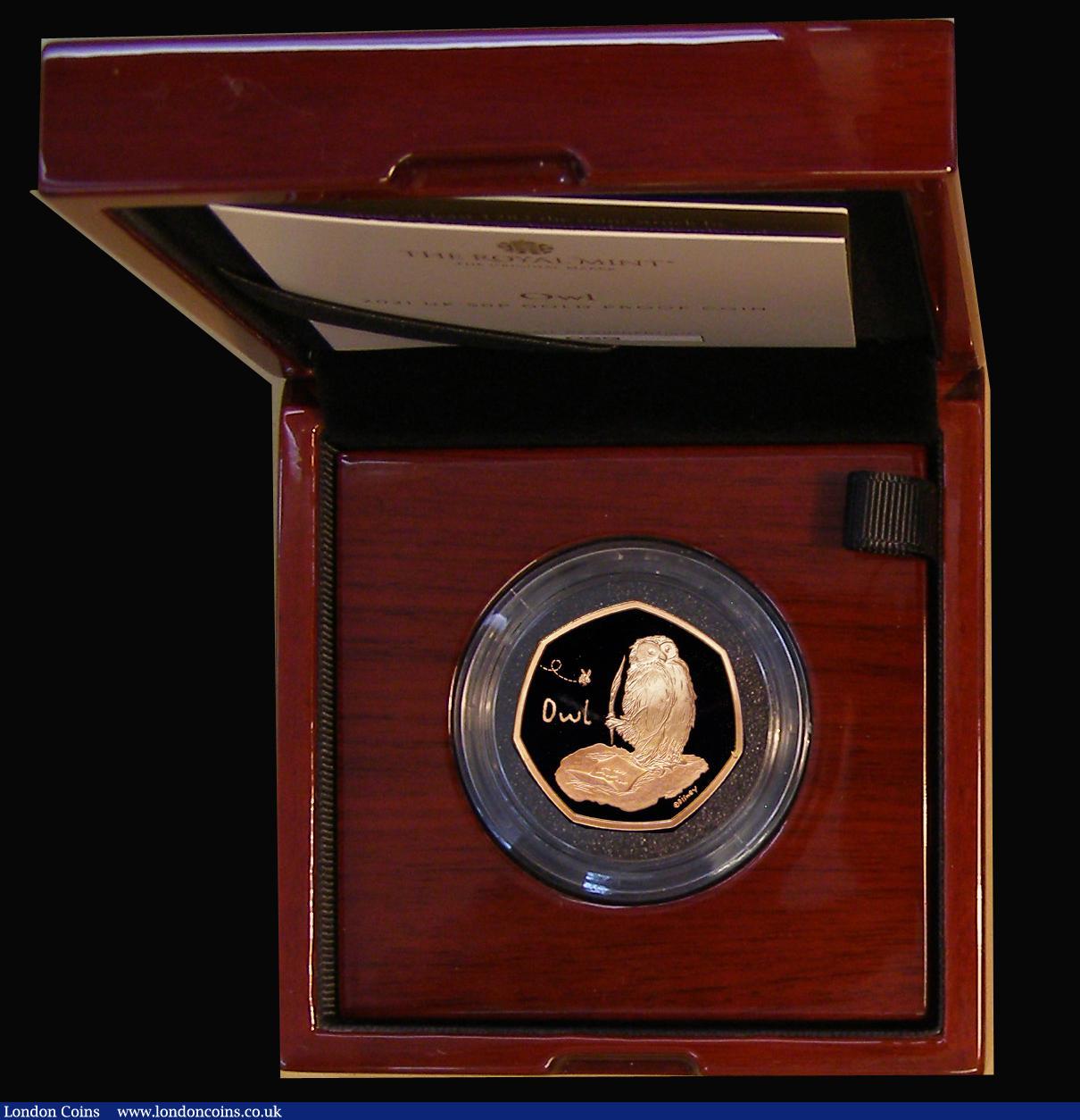 London Coins : A189 : Lot 334 : Fifty Pence 2021 Winnie the Pooh - Owl S.H100 Gold Proof FDC in the Royal Mint box of issue with cer...