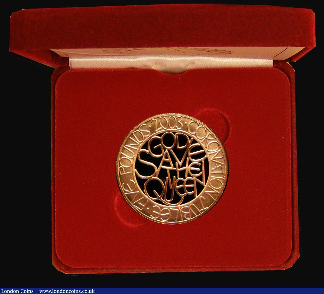 London Coins : A189 : Lot 381 : Five Pound Crown 2003 Queen Elizabeth II Coronation Golden Jubilee Gold Proof S.L12 FDC in the Royal...