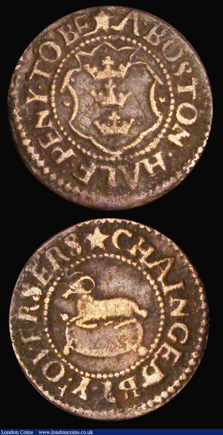 London Coins : A189 : Lot 675 : Halfpenny 17th Century Lincolnshire - Boston, undated, Town Arms//Crest, with a crescent either side...