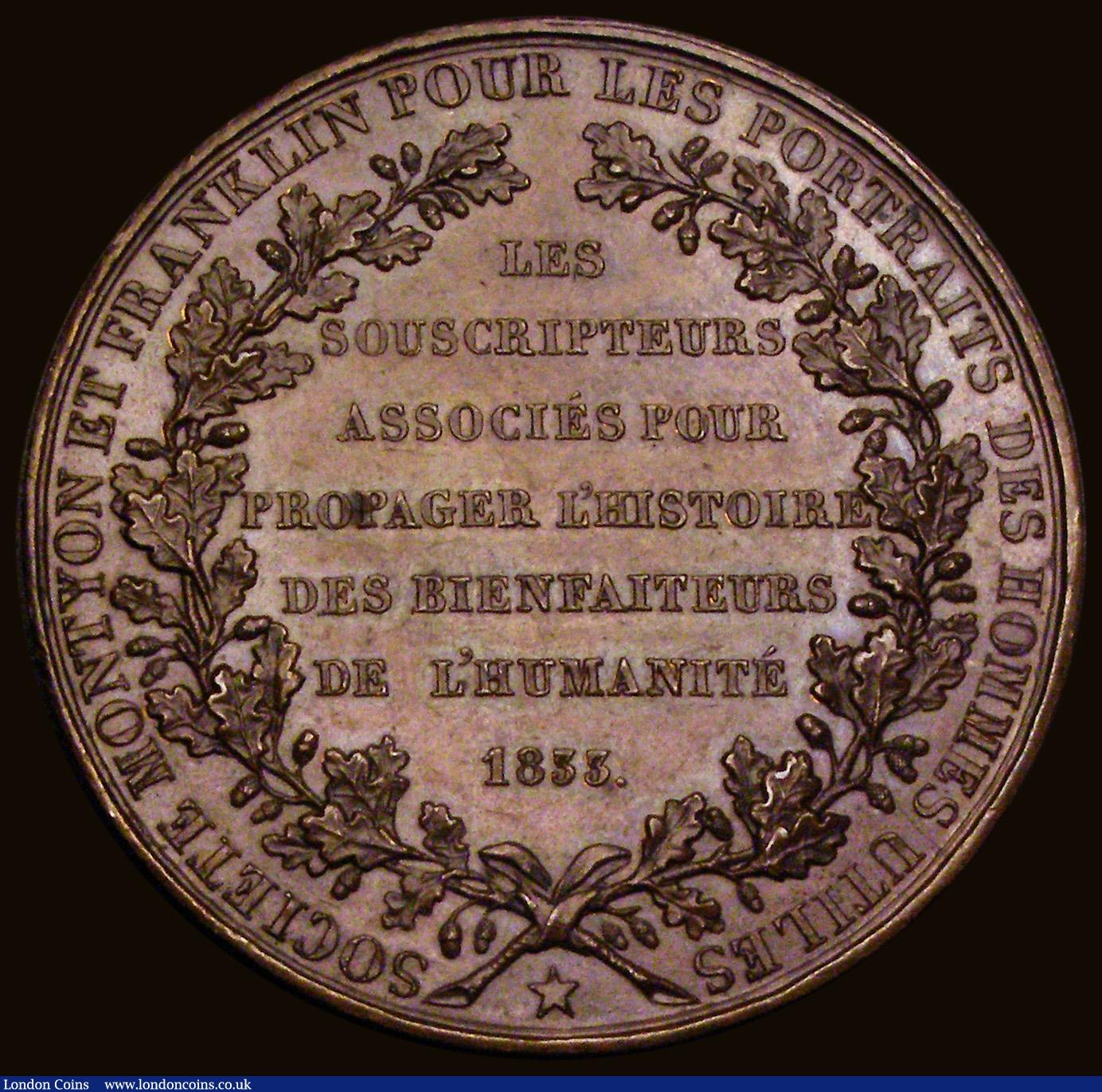 London Coins : A189 : Lot 773 : France, Montyon and Franklin Society 1833, 41mm in bronze by J.J. Barre, Obverse: Busts left, legend...