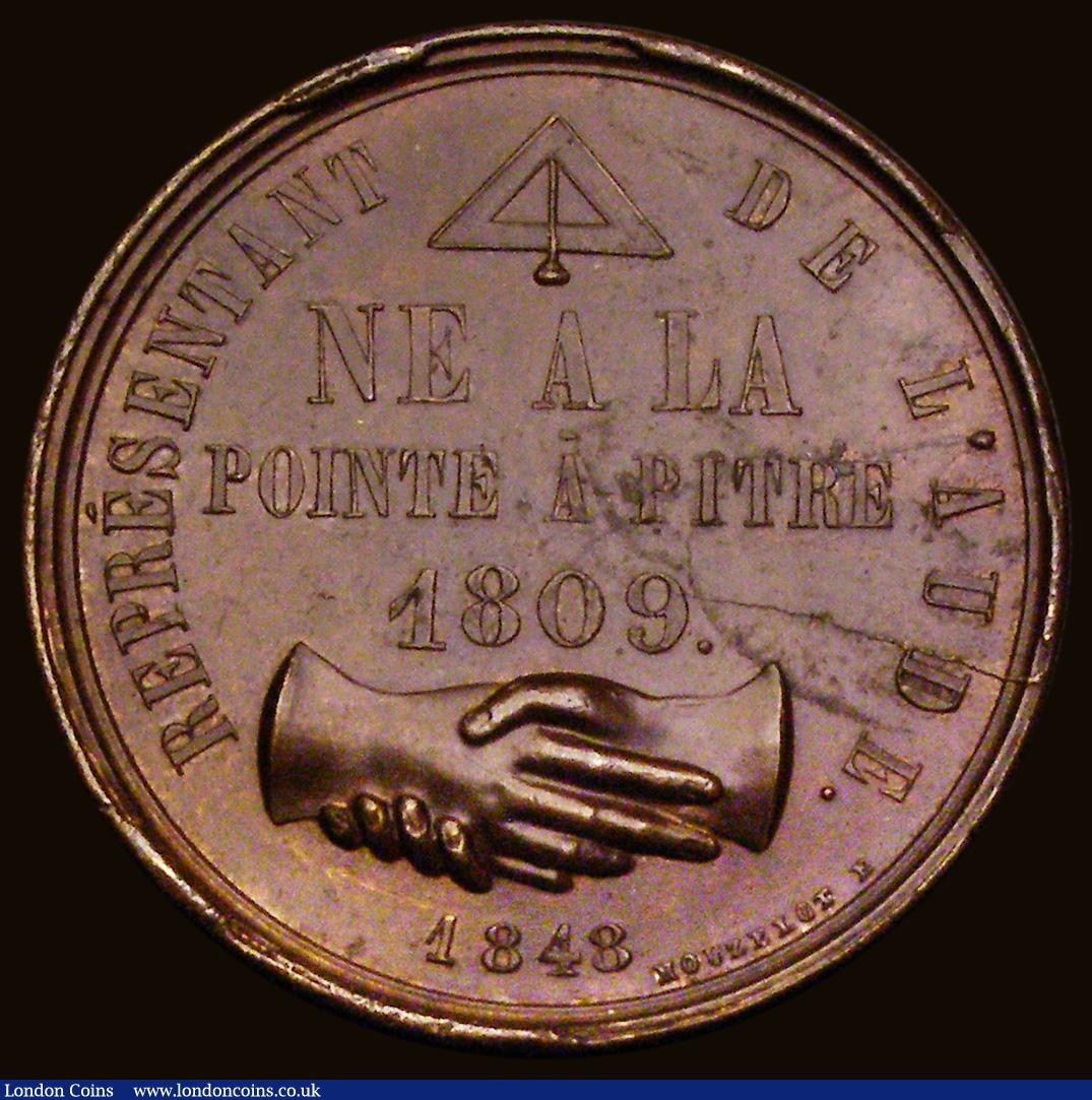 London Coins : A189 : Lot 783 : Guadeloupe, Masonic, Armand Barbes 1848 32mm diameter in copper by Delarue, Obverse: Bust left ARMAN...