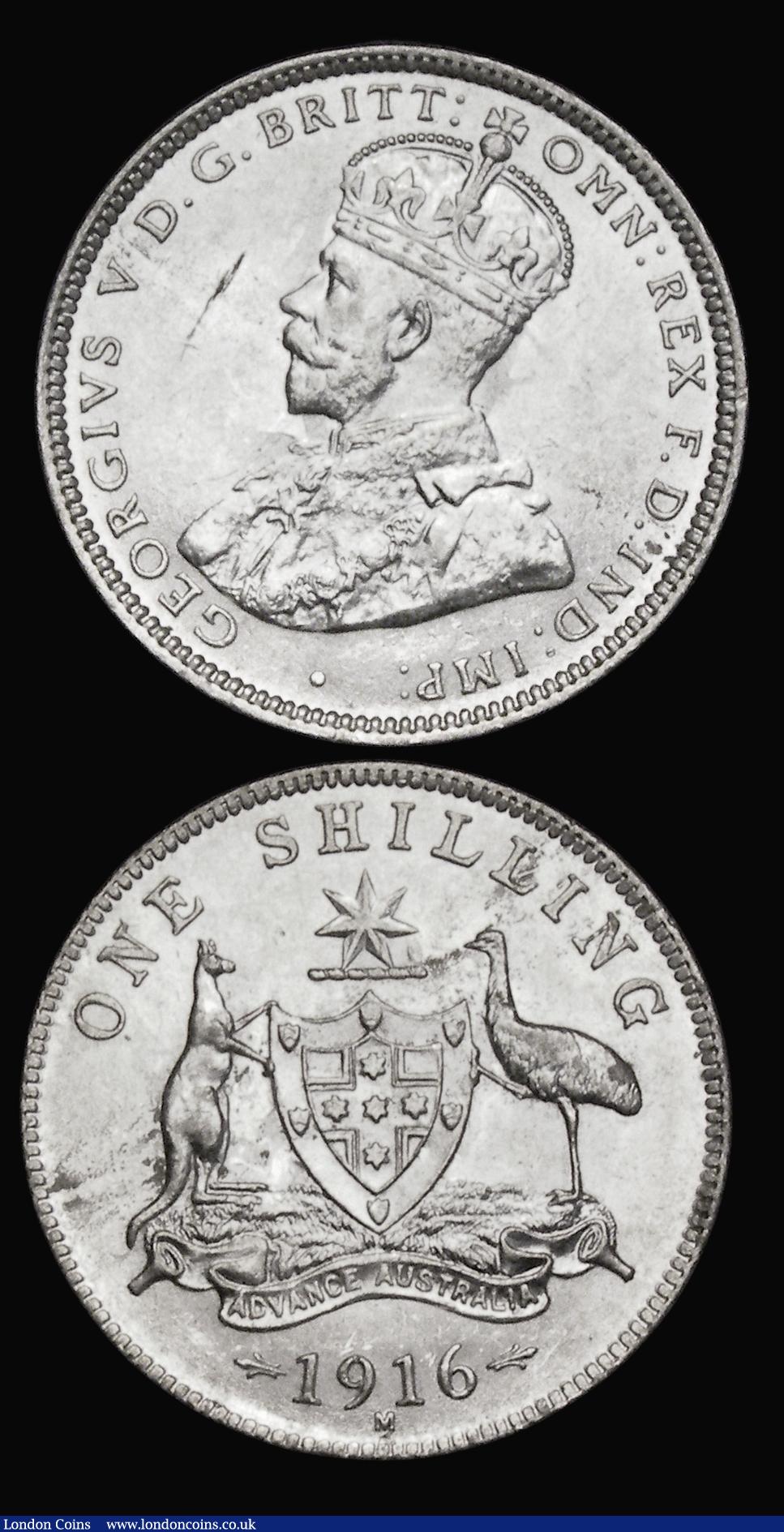 London Coins : A189 : Lot 881 : Australia Shilling 1916M KM#26 bright AU, along with Canada 25 Cents 1914 bright EF
