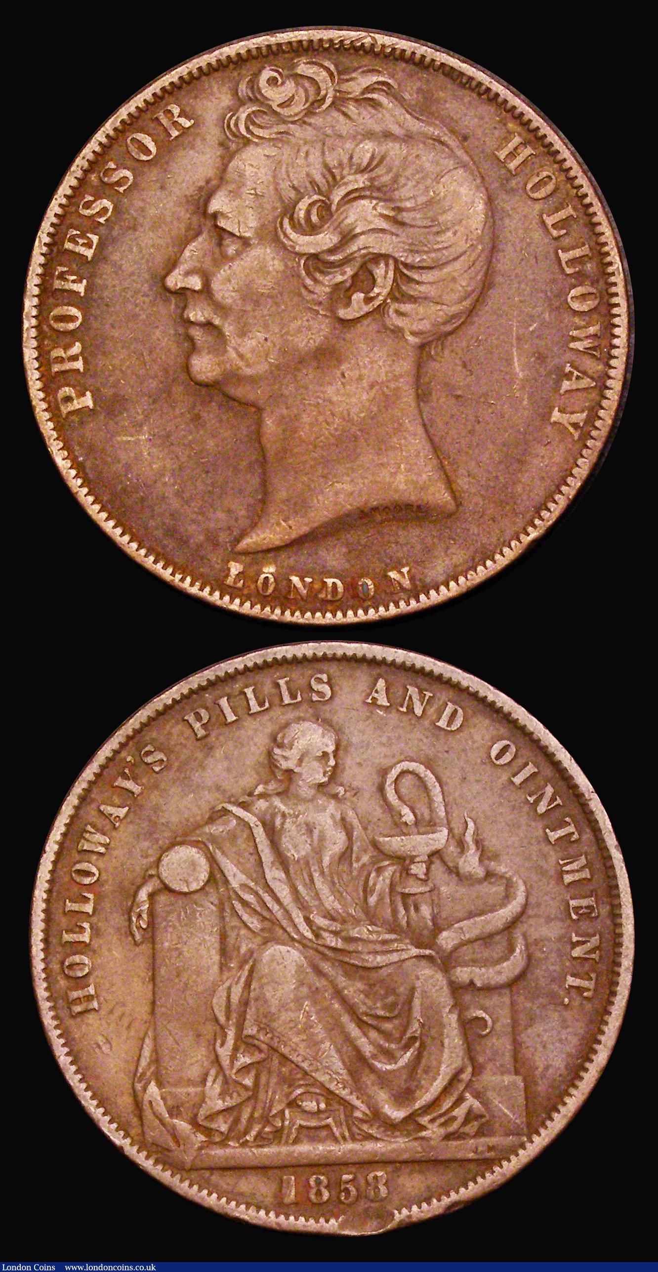 London Coins : A189 : Lot 890 : Australia Tokens (2) Penny Token 1858 Holloways Pills and Ointments KM#Tn278.1 Fine with a scuff by ...