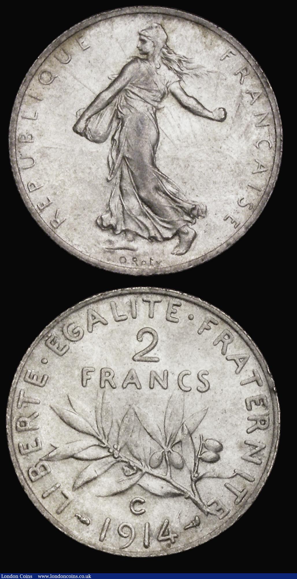 London Coins : A189 : Lot 942 : France (2) Two Francs 1914C Castelsarrasin Mint, KM#845.2 UNC or near so and lustrous with minor cab...