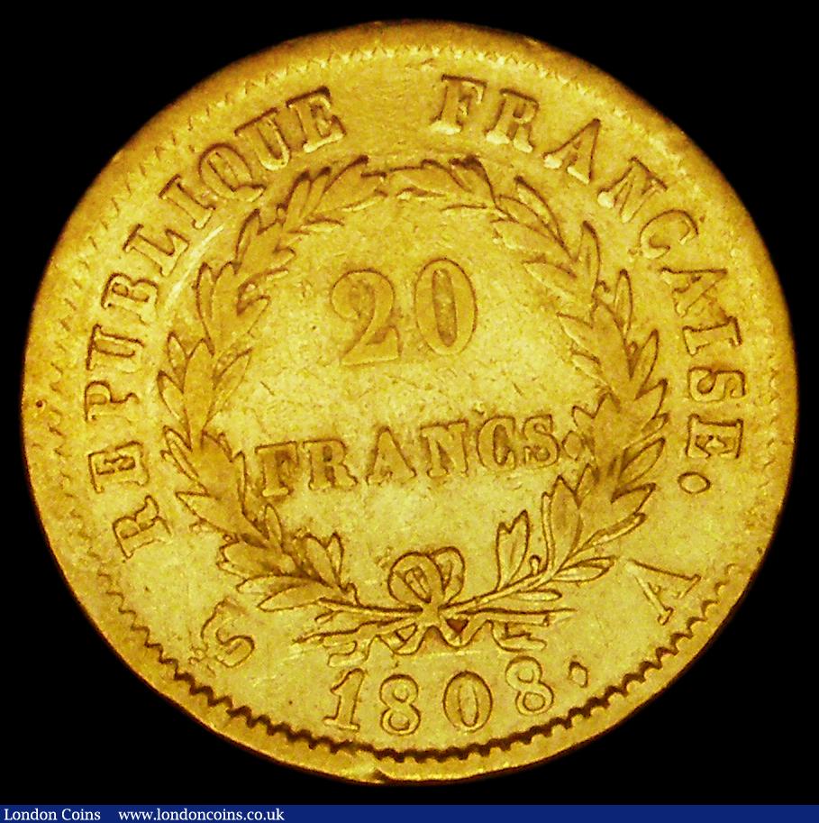 London Coins : A189 : Lot 944 : France 20 Francs Gold 1808A Paris Mint, KM#687.1, About Fine with some edge nicks