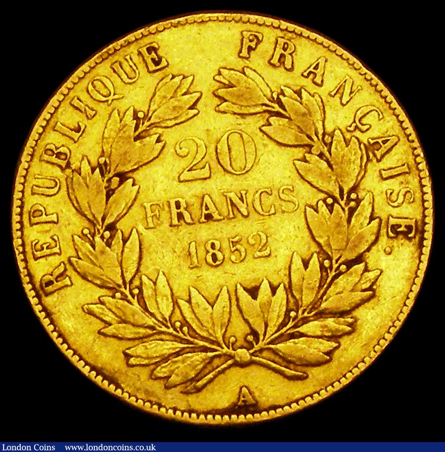 London Coins : A189 : Lot 951 : France 20 Francs Gold 1852A Paris Mint, BONAPARTE legend, KM#774 Near Fine, a one-year type