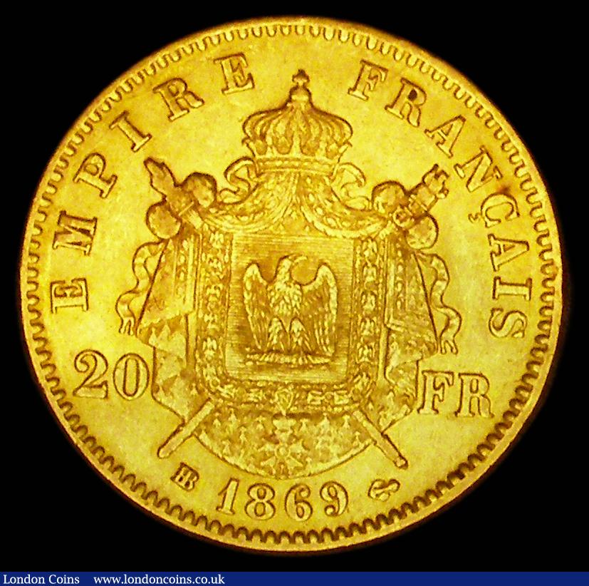 London Coins : A189 : Lot 952 : France 20 Francs Gold 1869BB Strasbourg Mint KM#801.2 GVF