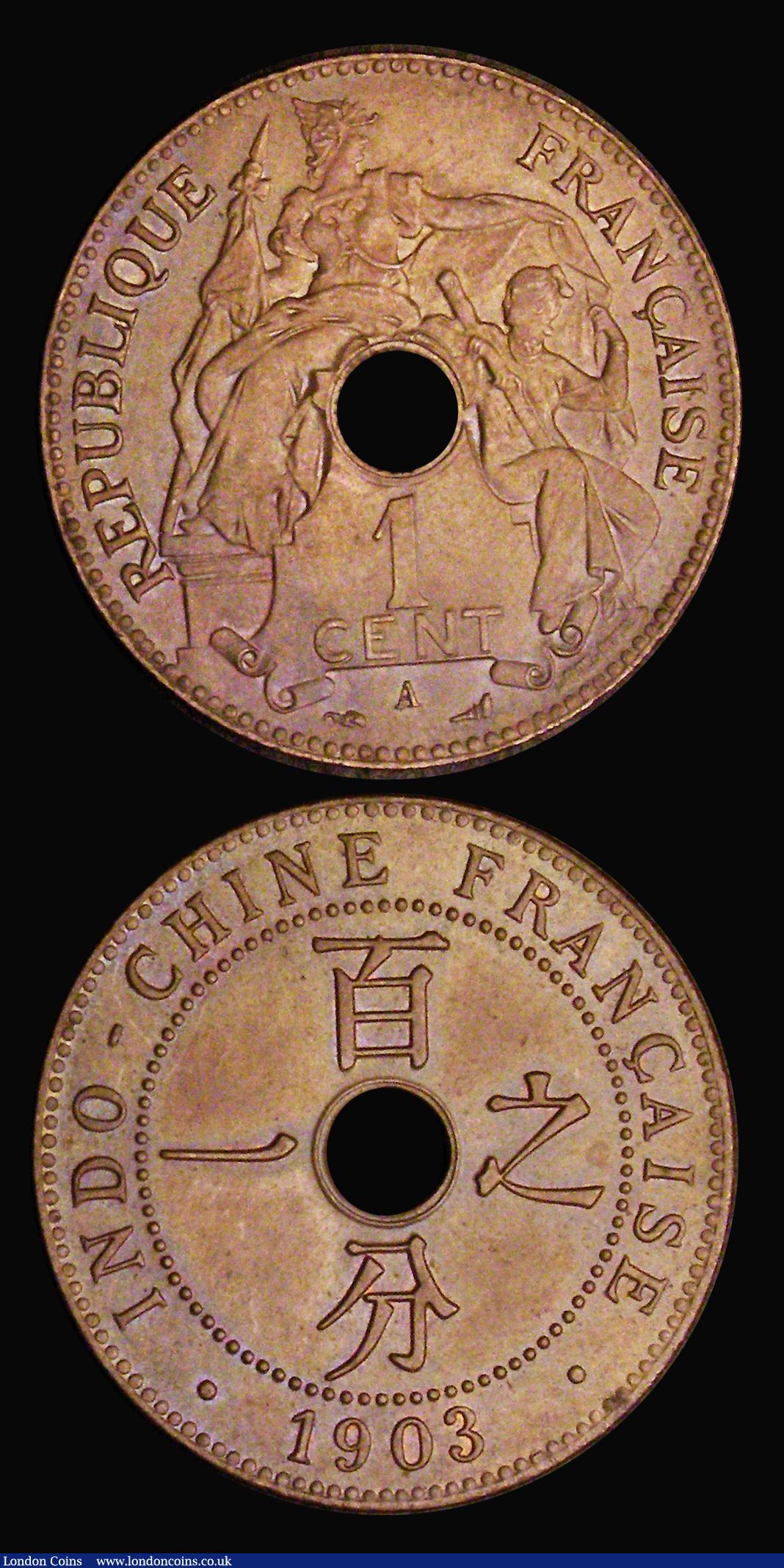 London Coins : A189 : Lot 965 : French Indo-China One Cent (2) 1894A KM#1 EF/GEF nicely toned with some minor contact marks on the o...