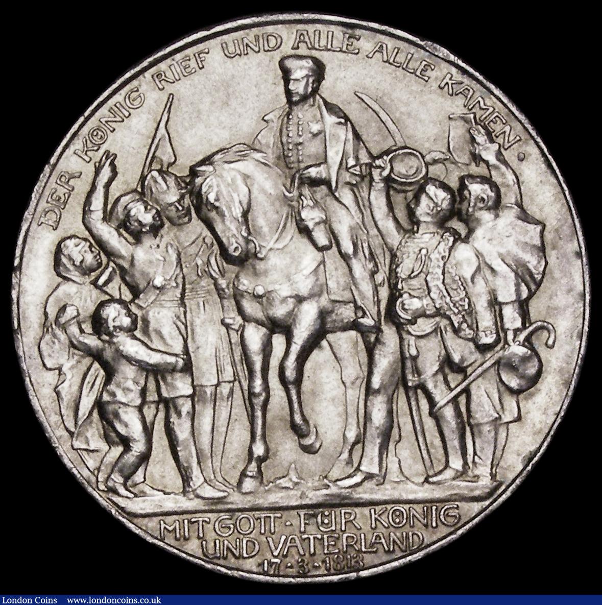 London Coins : A189 : Lot 990 : German States - Prussia Three Marks 1913A 100th Anniversary of the Defeat of Napoleon KM#534 A/UNC w...