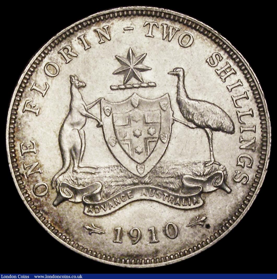 London Coins : A190 : Lot 1142 : Australia Florin 1910 KM21 Edward VII one year type AU-Unc with subdued brilliance and eye catching ...