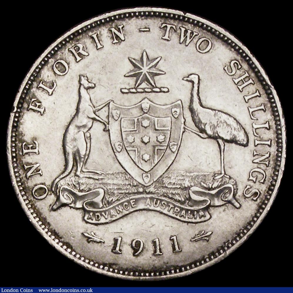 London Coins : A190 : Lot 1143 : Australia Florin 1911 bright VF 6 pearls showing