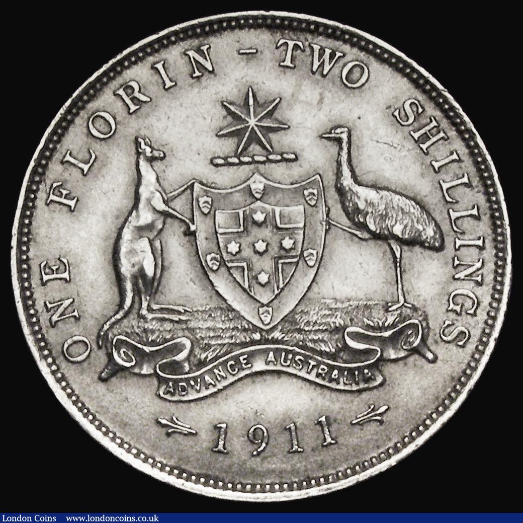 London Coins : A190 : Lot 1144 : Australia Florin 1911 KM#27 EF (8 pearls showing) bright with a touch of verdigris below the bust