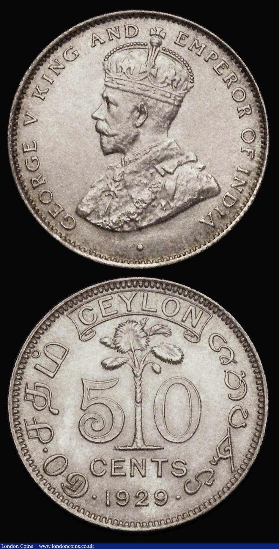 London Coins : A190 : Lot 1198 : Ceylon 50 Cents 1929 KM109a practically BU along with Mauritius Half Rupee 1934 EF or better