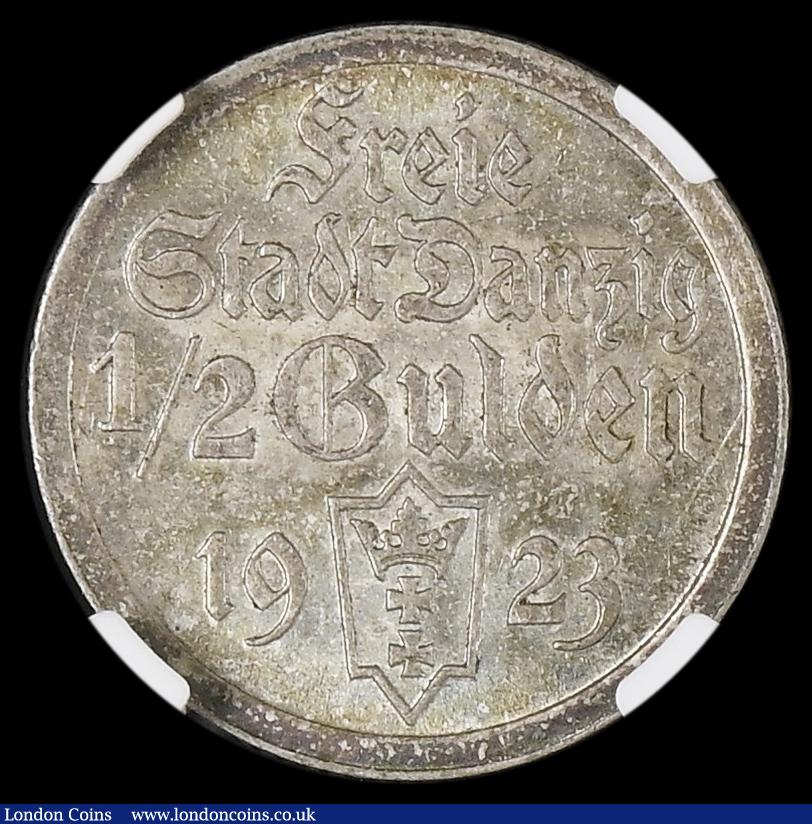 London Coins : A190 : Lot 1216 : Danzig Half Gulden 1923 a sharp and nicely toned example graded AU53 by NGC looks better to us