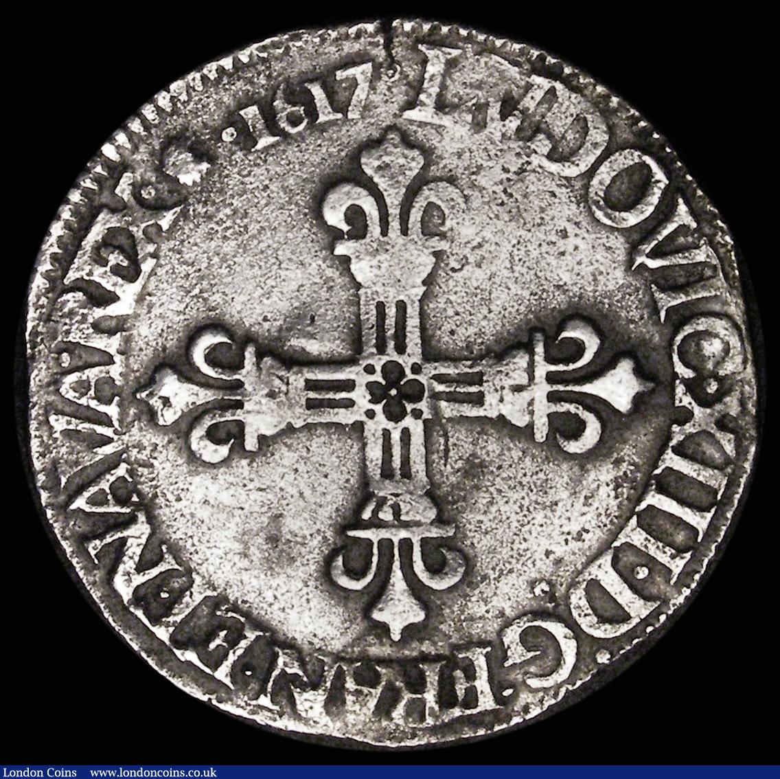 London Coins : A190 : Lot 1234 : France - Navarre 1/4 Ecu 1617 Louis XIII (9.17 grams) VF details porous fields
