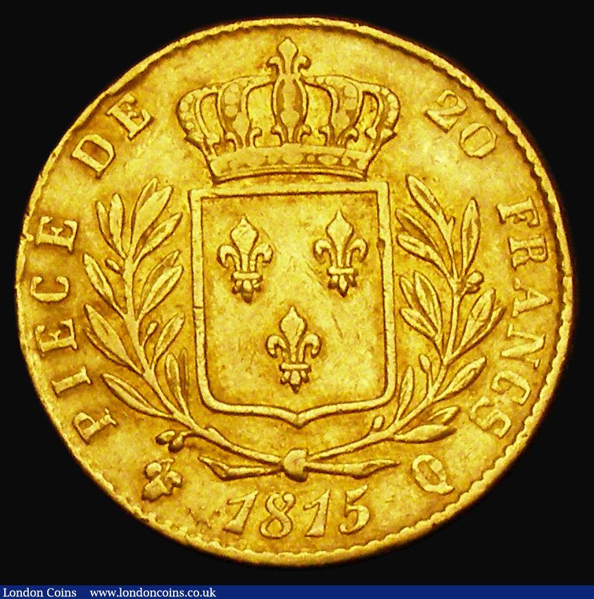 London Coins : A190 : Lot 1237 : France 20 Francs Gold 1815Q Perpignan Mint about VF and a seldom offered mint